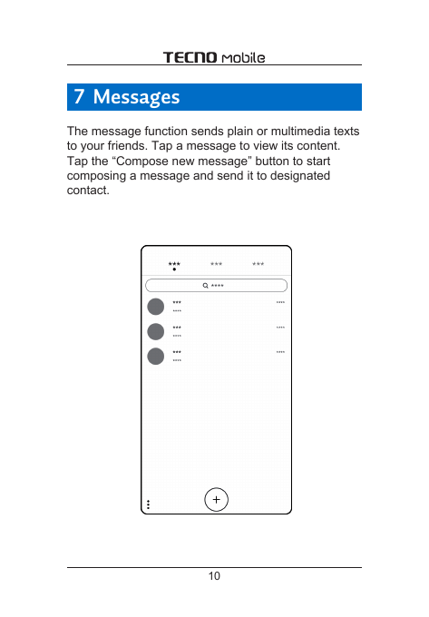 7 MessagesThe message function sends plain or multimedia textsto your friends. Tap a message to view its content.Tap the “Compos