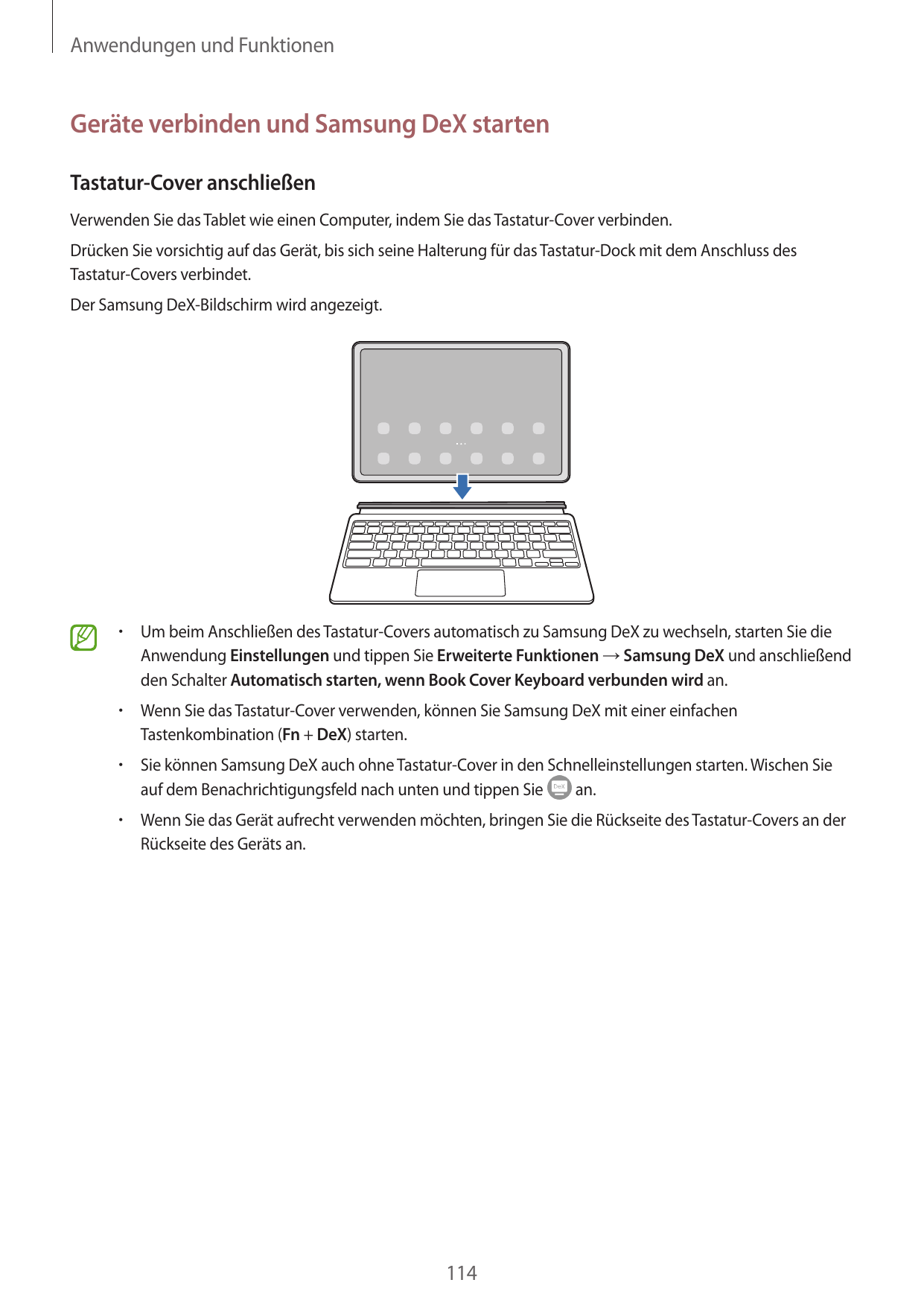 Anwendungen und FunktionenGeräte verbinden und Samsung DeX startenTastatur-Cover anschließenVerwenden Sie das Tablet wie einen C