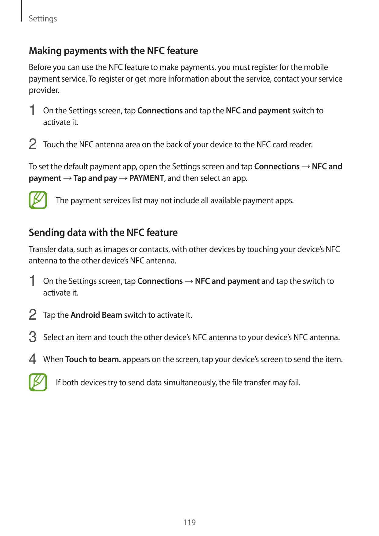 SettingsMaking payments with the NFC featureBefore you can use the NFC feature to make payments, you must register for the mobil