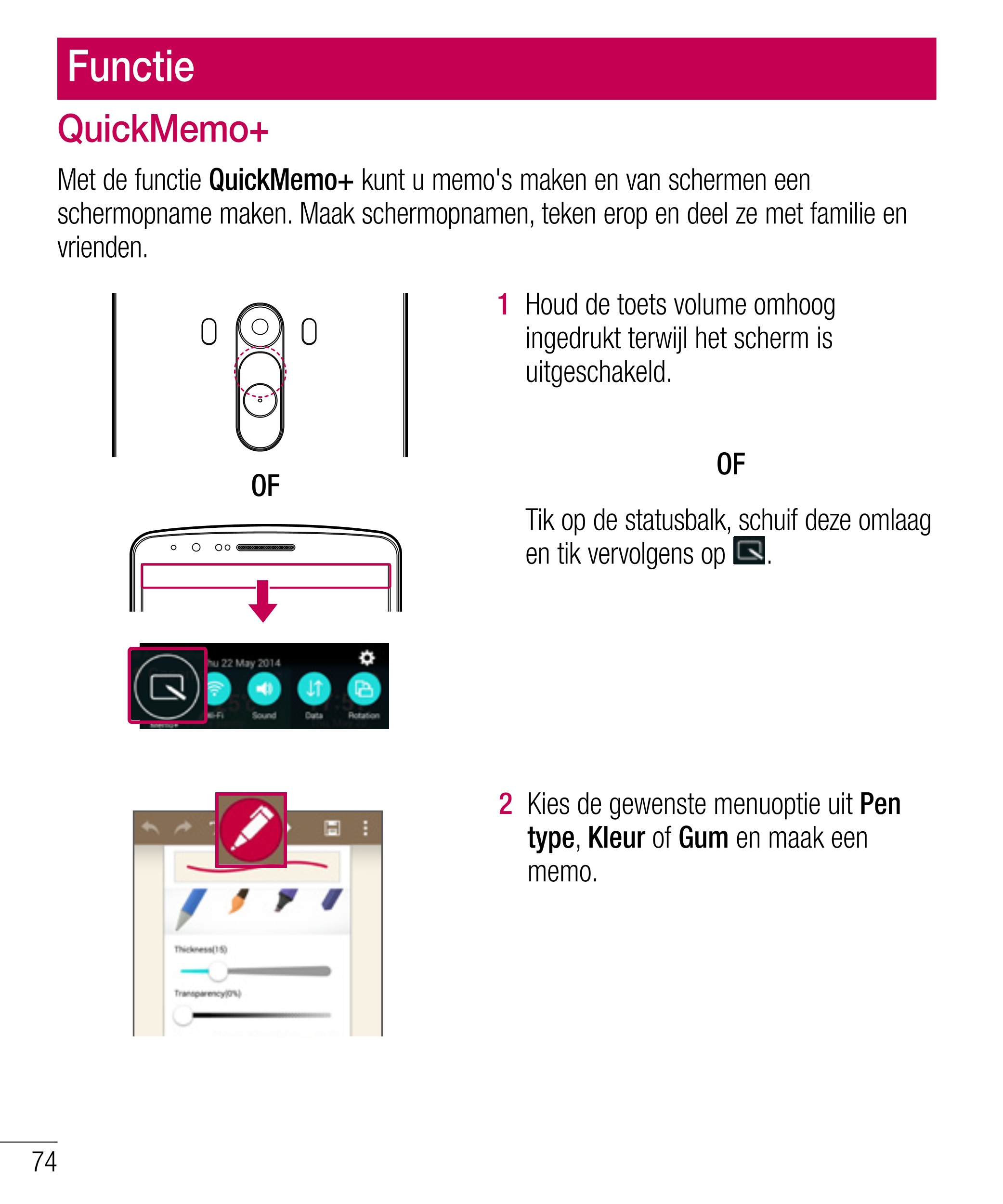 Functie
QuickMemo+
Met de functie  QuickMemo+ kunt u memo's maken en van schermen een 
schermopname maken. Maak schermopnamen, t
