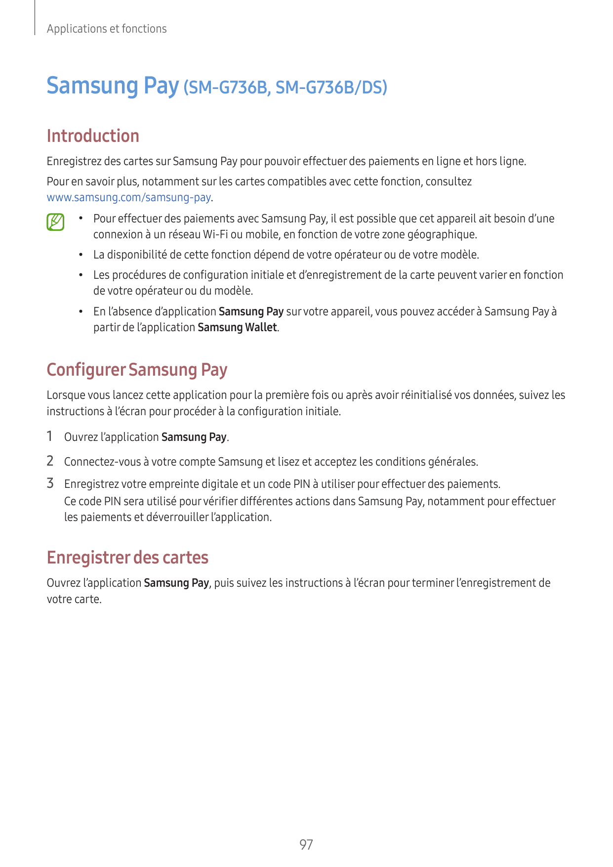 Applications et fonctionsSamsung Pay (SM-G736B, SM-G736B/DS)IntroductionEnregistrez des cartes sur Samsung Pay pour pouvoir effe