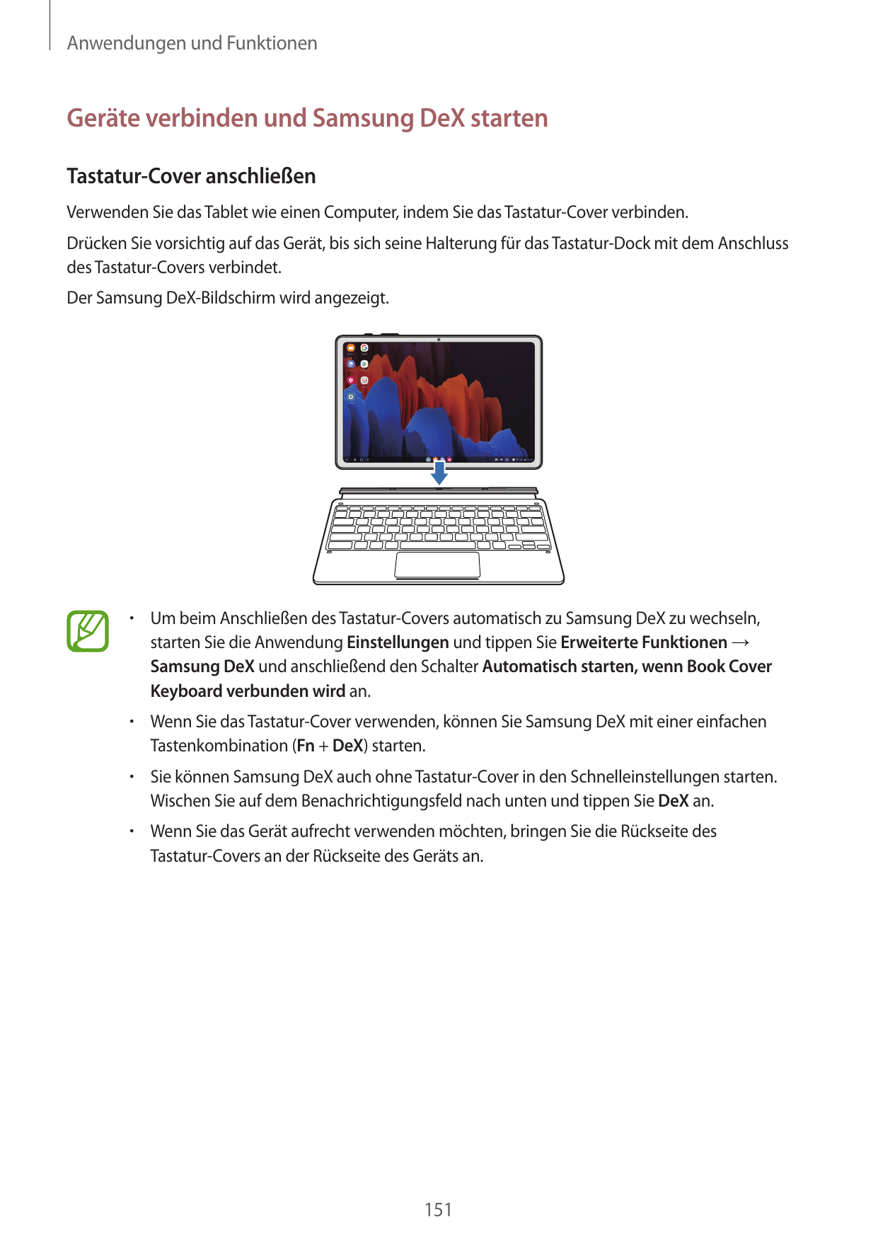 Anwendungen und FunktionenGeräte verbinden und Samsung DeX startenTastatur-Cover anschließenVerwenden Sie das Tablet wie einen C