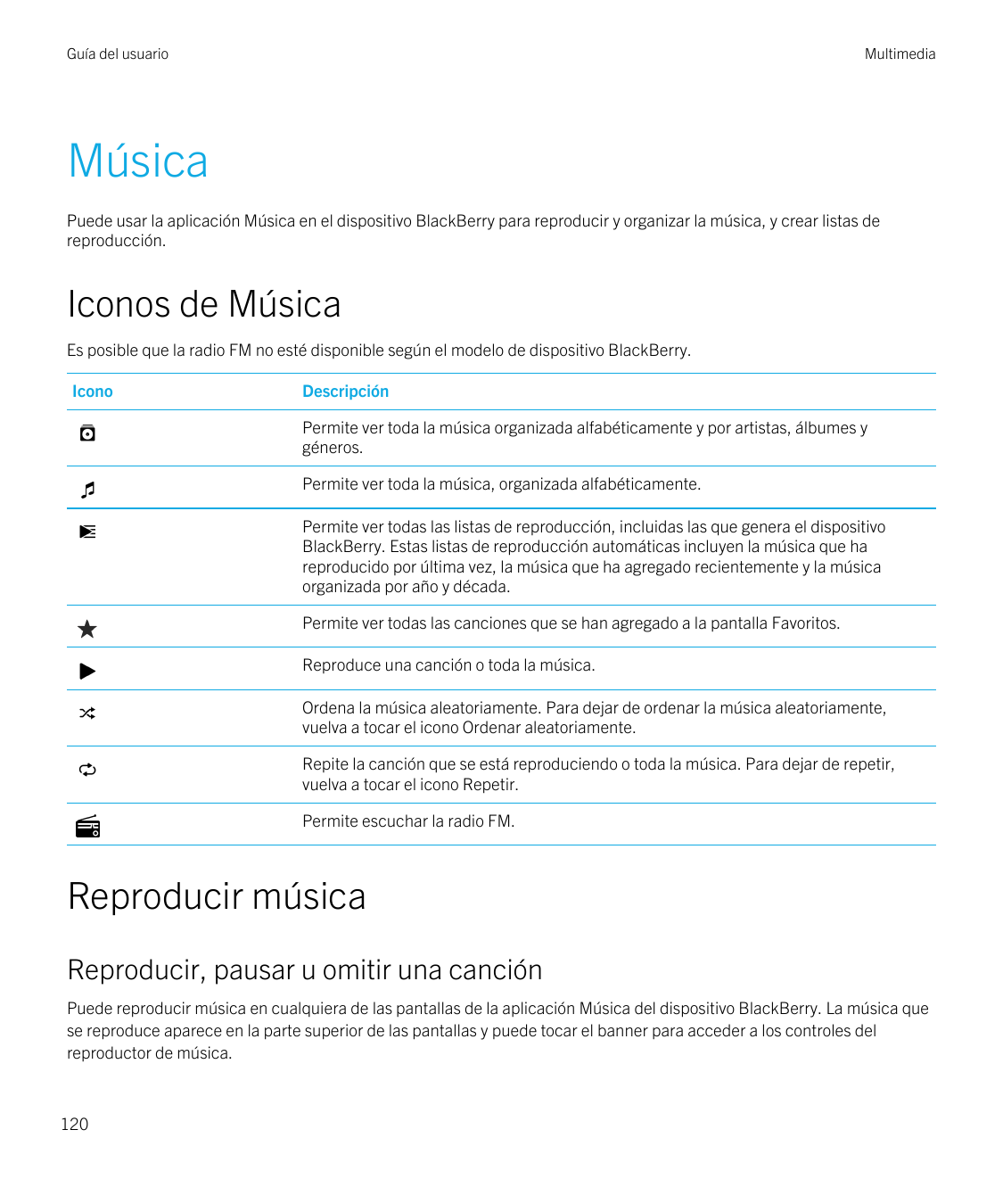 Guía del usuarioMultimediaMúsicaPuede usar la aplicación Música en el dispositivo BlackBerry para reproducir y organizar la músi