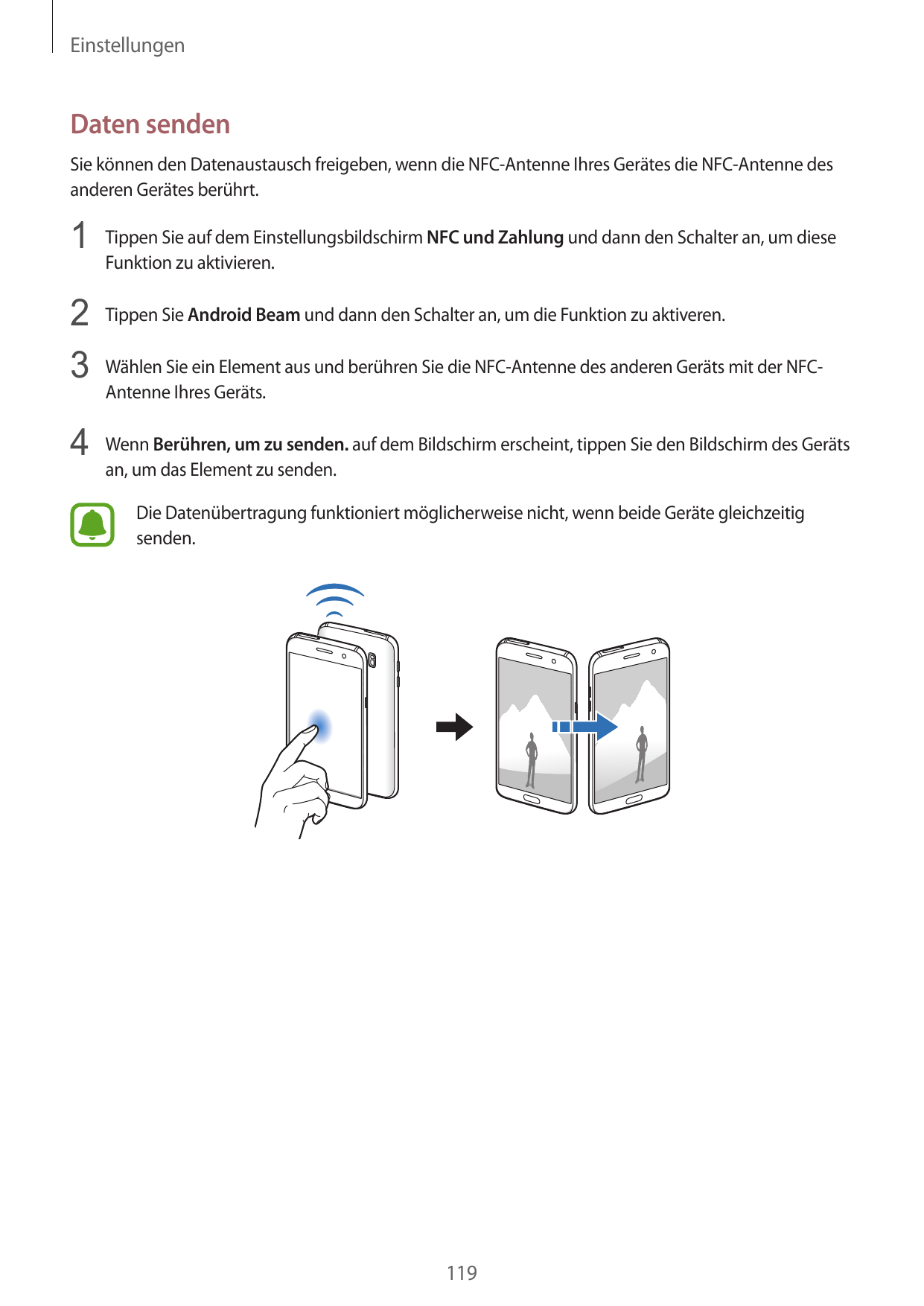 EinstellungenDaten sendenSie können den Datenaustausch freigeben, wenn die NFC-Antenne Ihres Gerätes die NFC-Antenne desanderen 