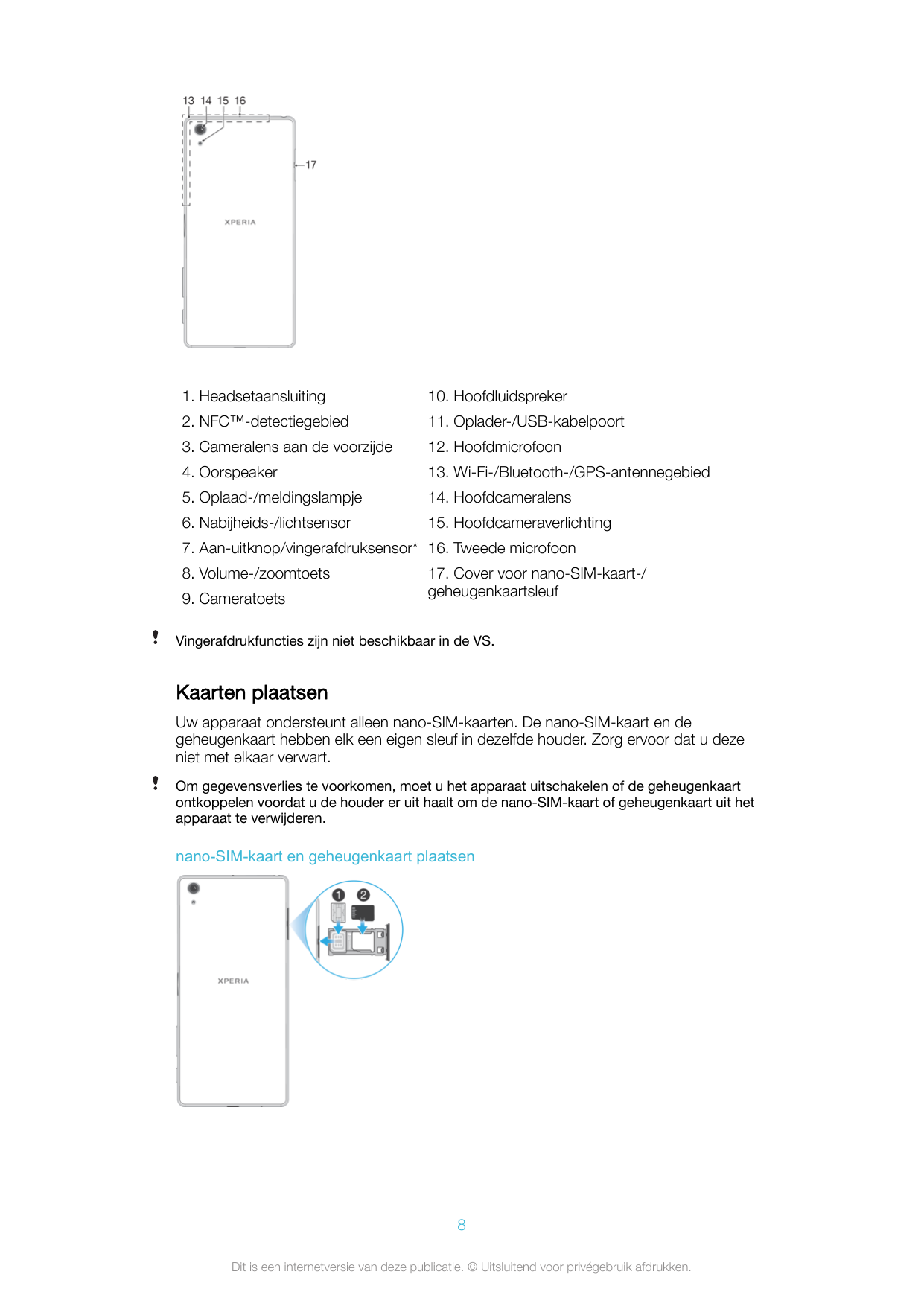 1. Headsetaansluiting10. Hoofdluidspreker2. NFC™-detectiegebied11. Oplader-/USB-kabelpoort3. Cameralens aan de voorzijde12. Hoof