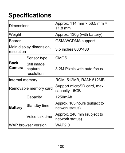 SpecificationsDimensionsApprox. 114 mm × 56.5 mm ×11.8 mmWeightApprox. 130g (with battery)BearerGSM/WCDMA supportMain display di