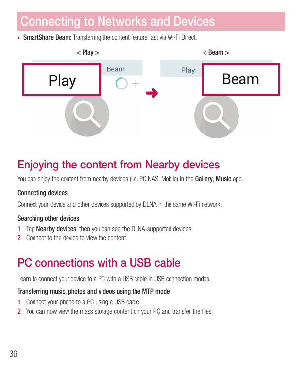 Connecting to Networks and Devices•SmartShare Beam: Transferring the content feature fast via Wi-Fi Direct.< Play >< Beam >Enjoy