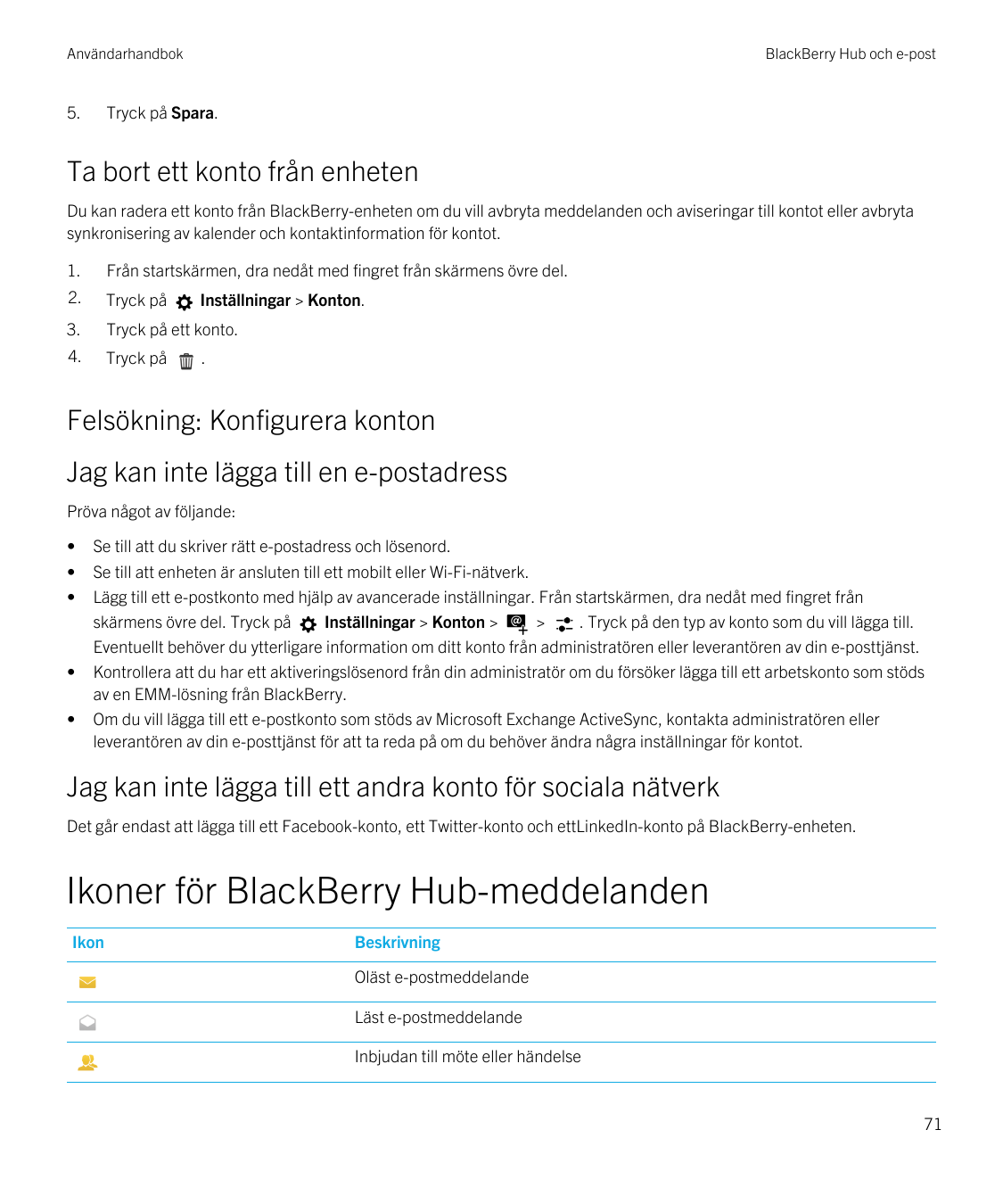 Användarhandbok5.BlackBerry Hub och e-postTryck på Spara.Ta bort ett konto från enhetenDu kan radera ett konto från BlackBerry-e