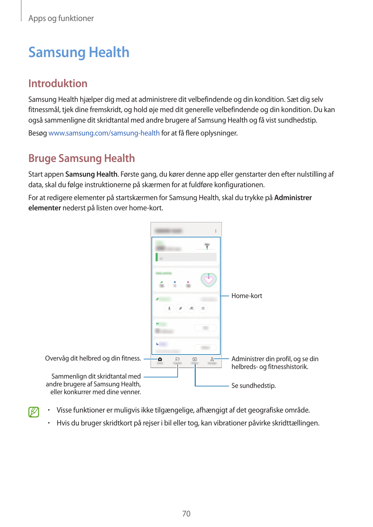 Apps og funktionerSamsung HealthIntroduktionSamsung Health hjælper dig med at administrere dit velbefindende og din kondition. S