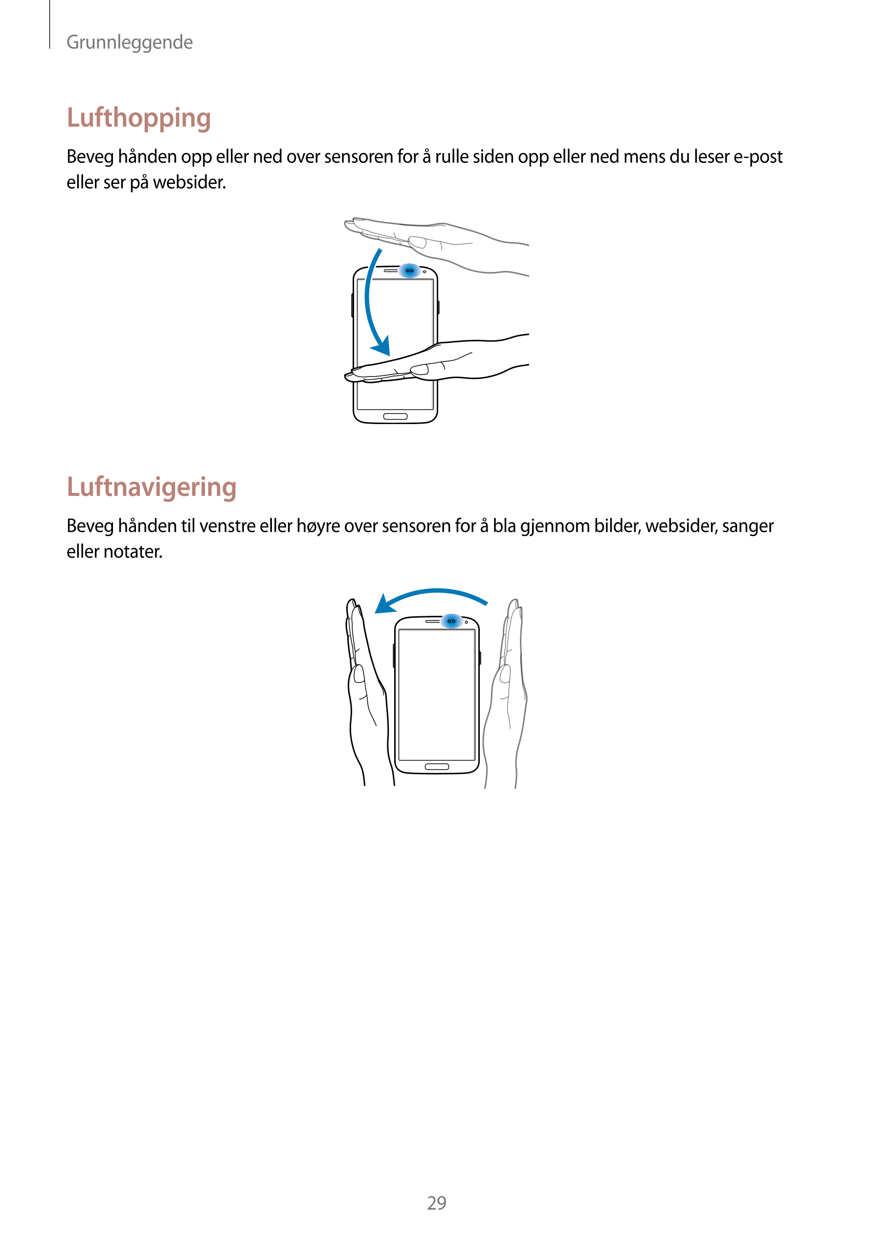 Grunnleggende
Lufthopping
Beveg hånden opp eller ned over sensoren for å rulle siden opp eller ned mens du leser e-post 
eller s