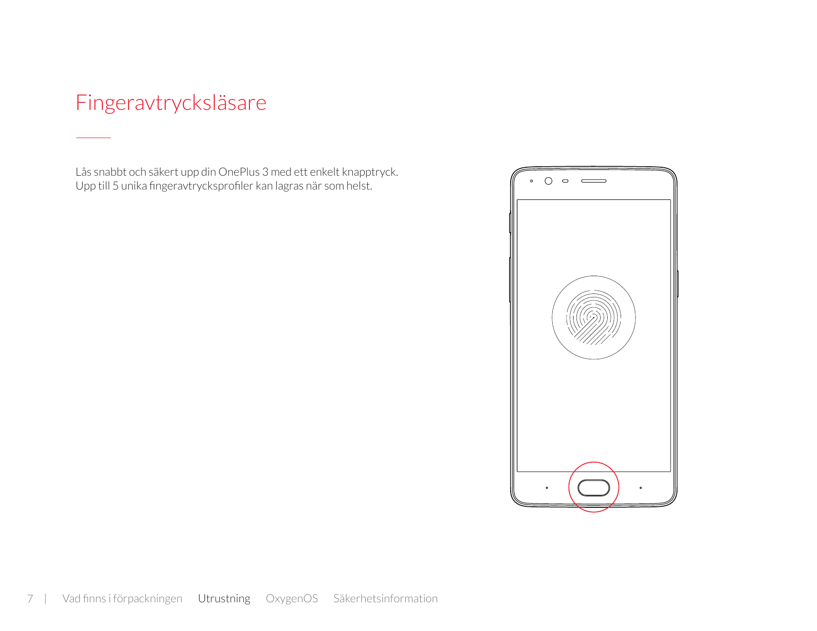 FingeravtrycksläsareLås snabbt och säkert upp din OnePlus 3 med ett enkelt knapptryck.Upp till 5 unika fingeravtrycksprofiler ka