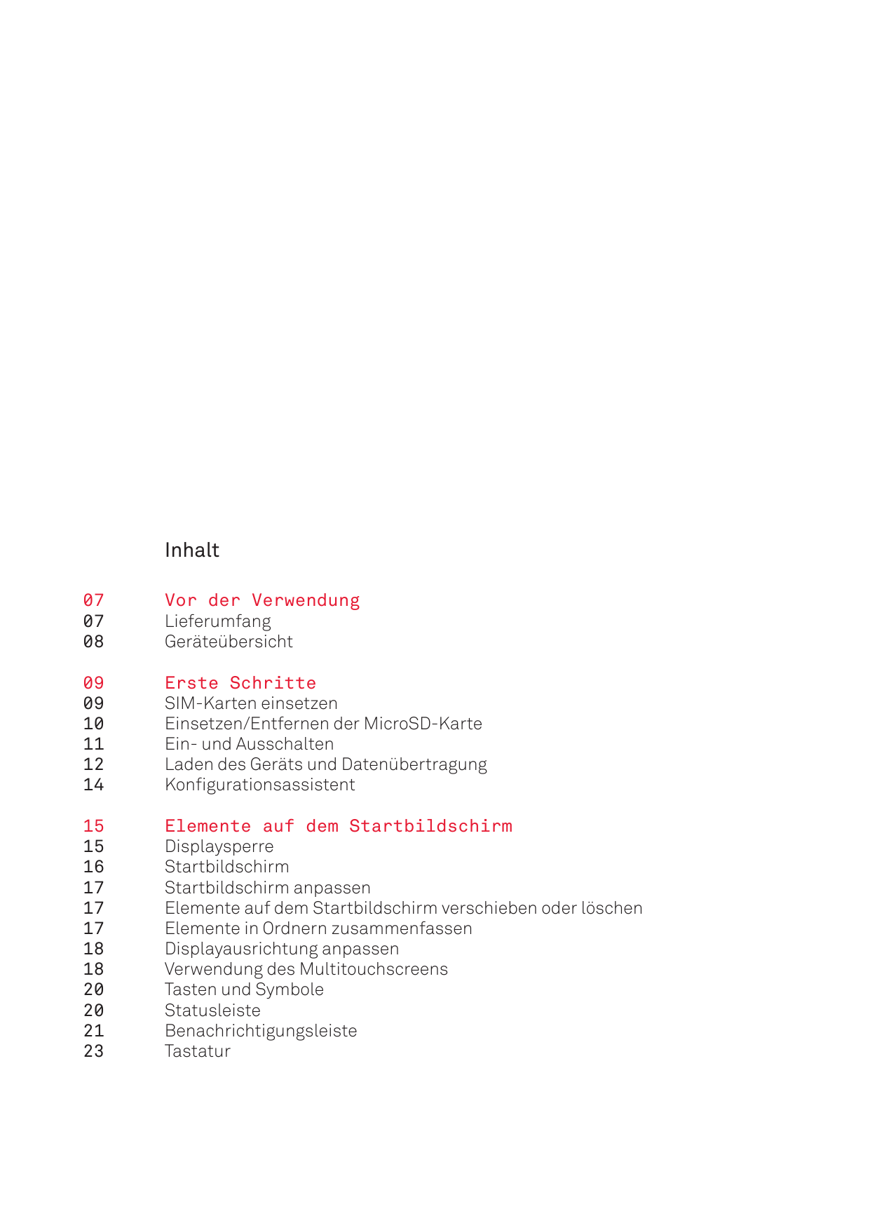 Inhalt07Vor der Verwendung07Lieferumfang08Geräteübersicht09Erste Schritte09SIM-Karten einsetzen10Einsetzen/Entfernen der MicroSD