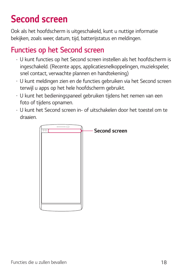 Second screenOok als het hoofdscherm is uitgeschakeld, kunt u nuttige informatiebekijken, zoals weer, datum, tijd, batterijstatu