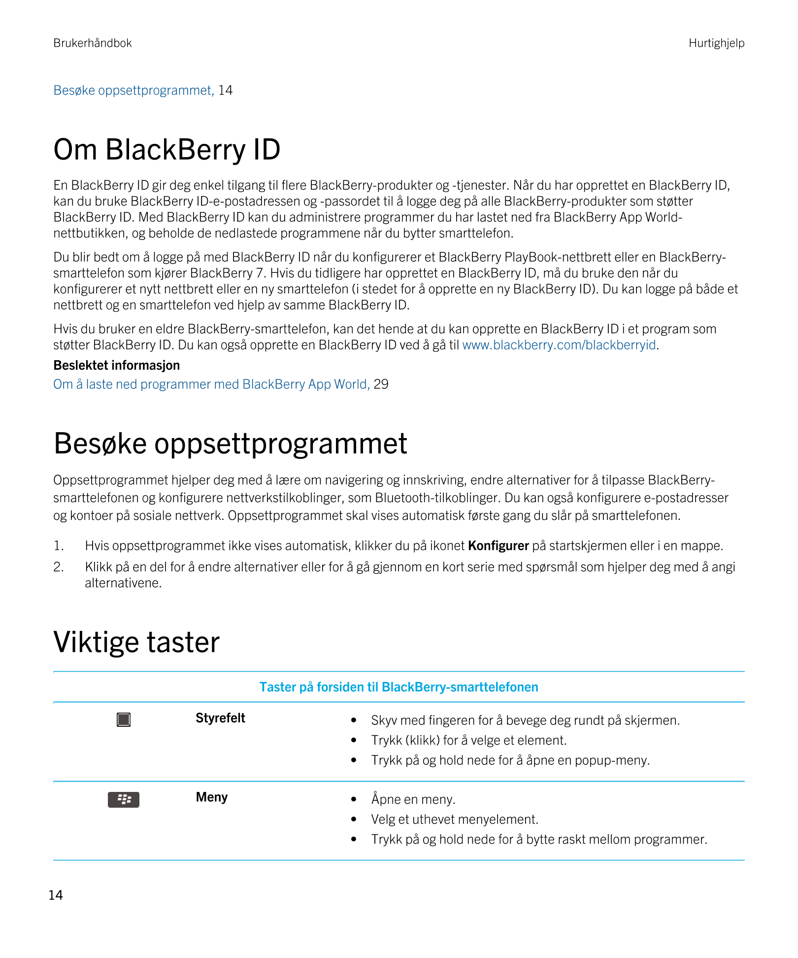 Brukerhåndbok Hurtighjelp
Besøke oppsettprogrammet,  14
Om  BlackBerry ID
En  BlackBerry ID gir deg enkel tilgang til flere  Bla