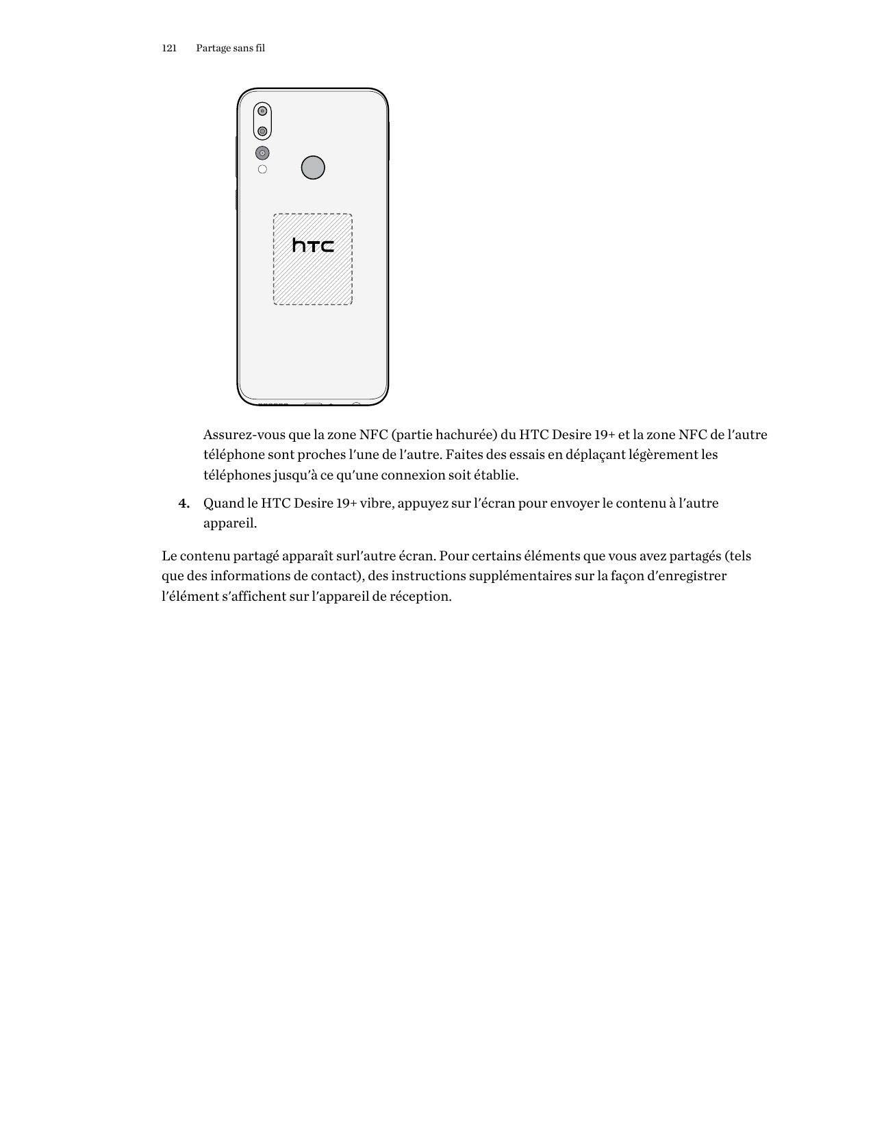 121Partage sans filAssurez-vous que la zone NFC (partie hachurée) du HTC Desire 19+ et la zone NFC de l'autretéléphone sont proc