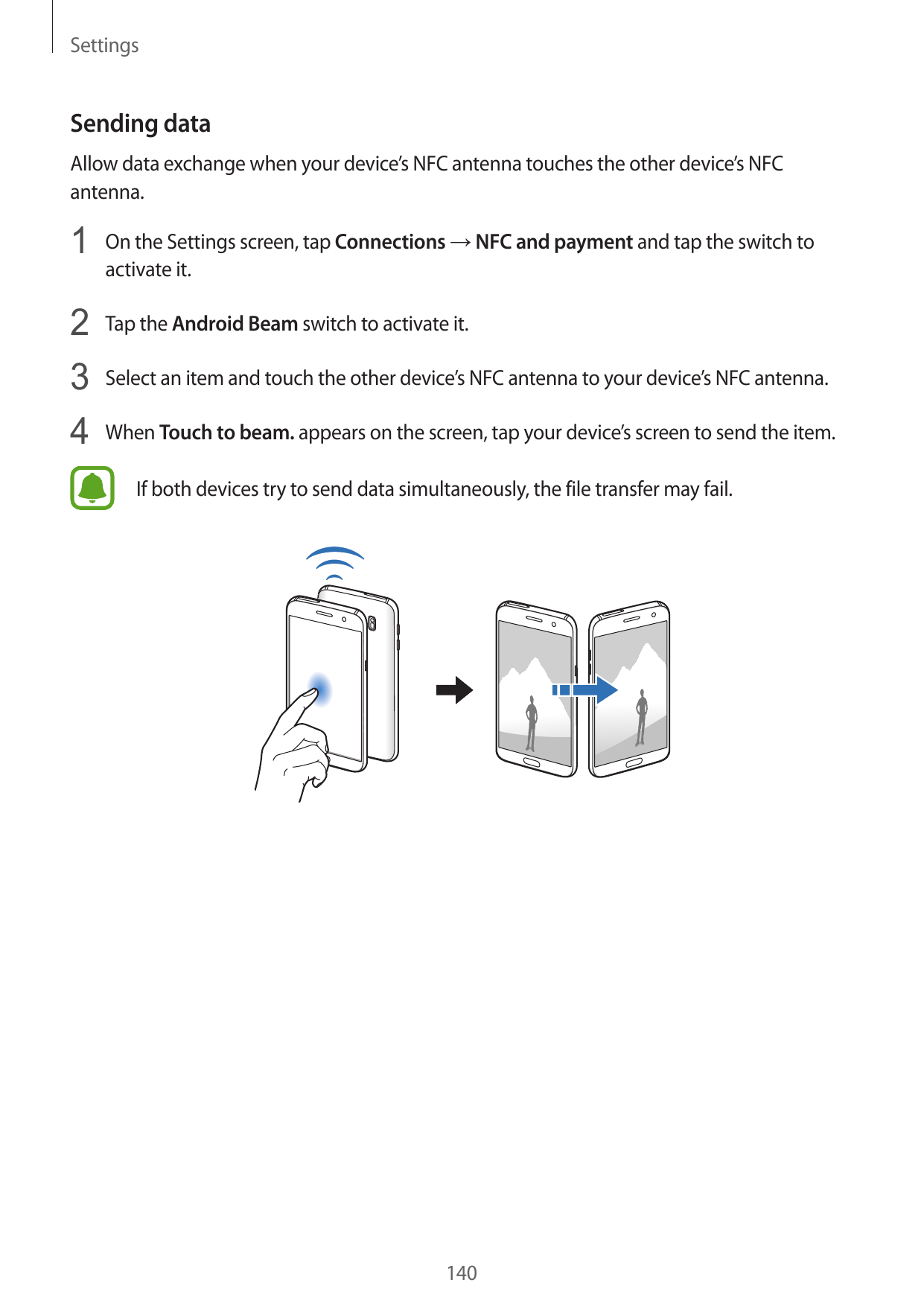 SettingsSending dataAllow data exchange when your device’s NFC antenna touches the other device’s NFCantenna.1 On the Settings s