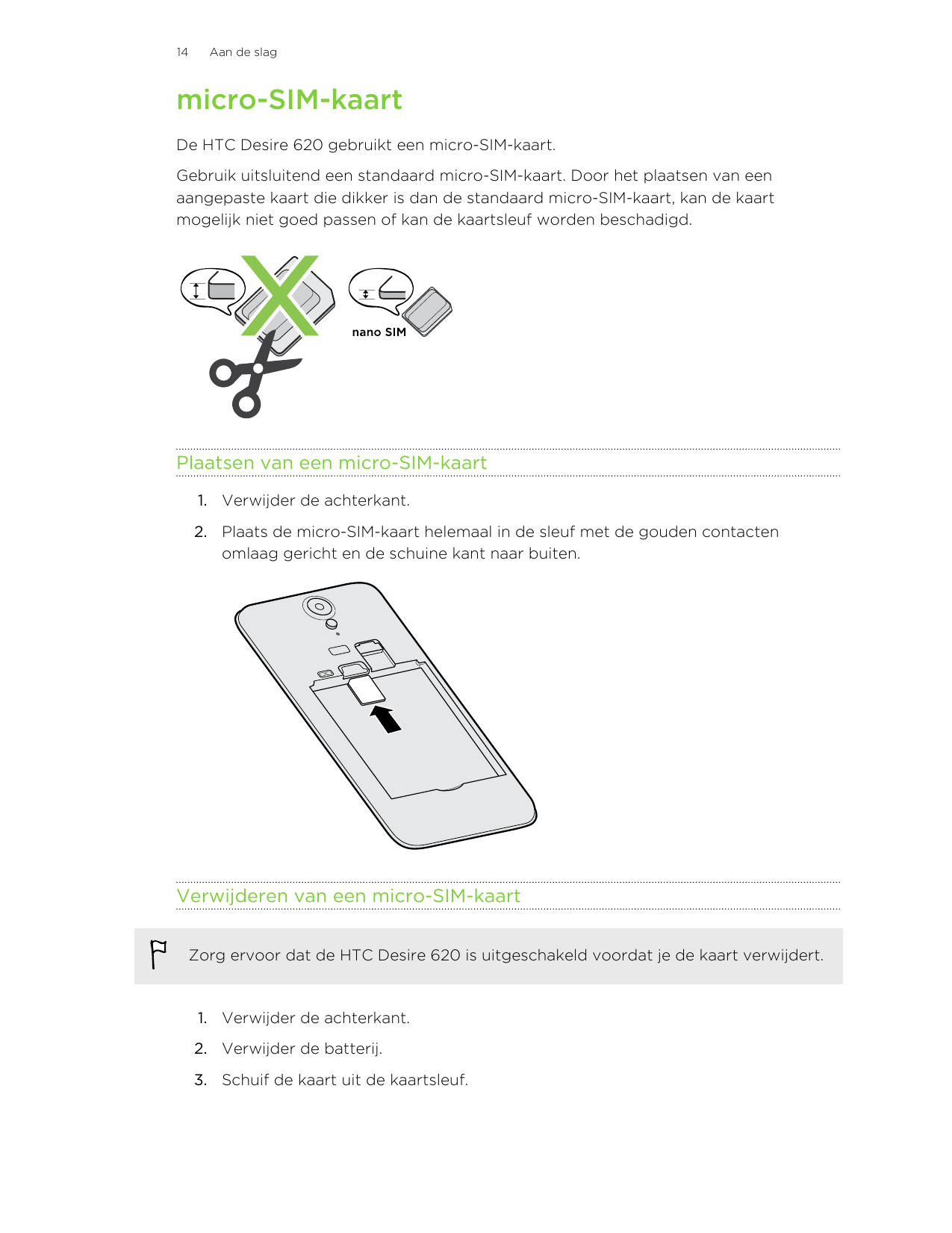 14Aan de slagmicro-SIM-kaartDe HTC Desire 620 gebruikt een micro-SIM-kaart.Gebruik uitsluitend een standaard micro-SIM-kaart. Do