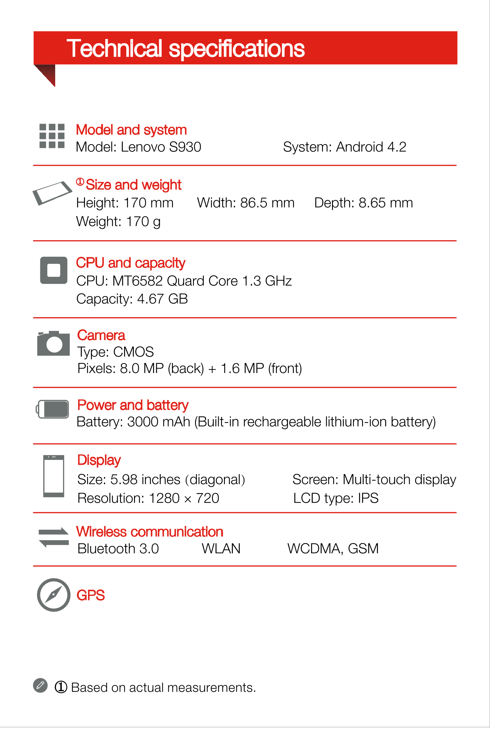 Technical speciﬁcations
For more information about Lenovo Mobile Phone functions, 
Regulatory Notices and other useful manuals, 