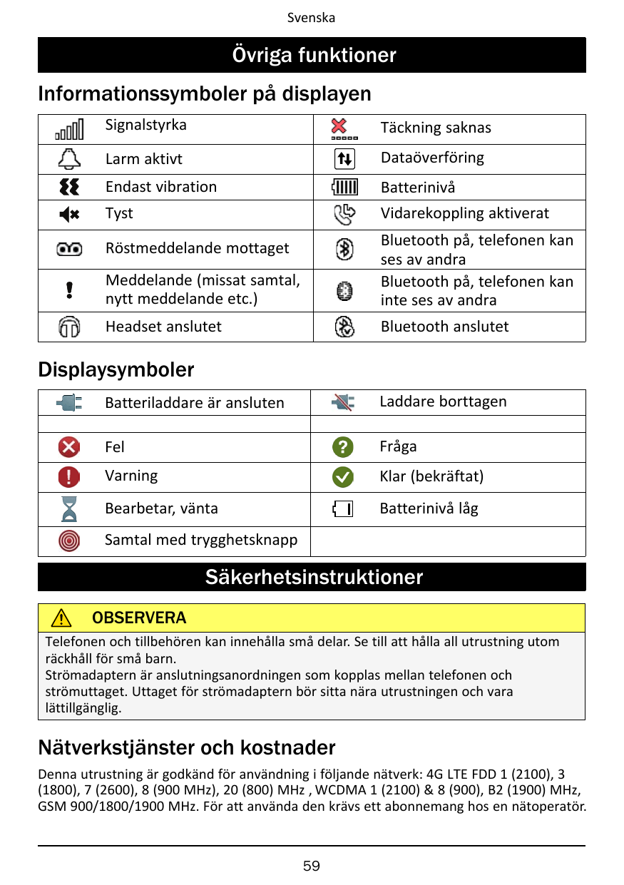 SvenskaÖvriga funktionerInformationssymboler på displayenSignalstyrkaTäckning saknasLarm aktivtDataöverföringEndast vibrationBat