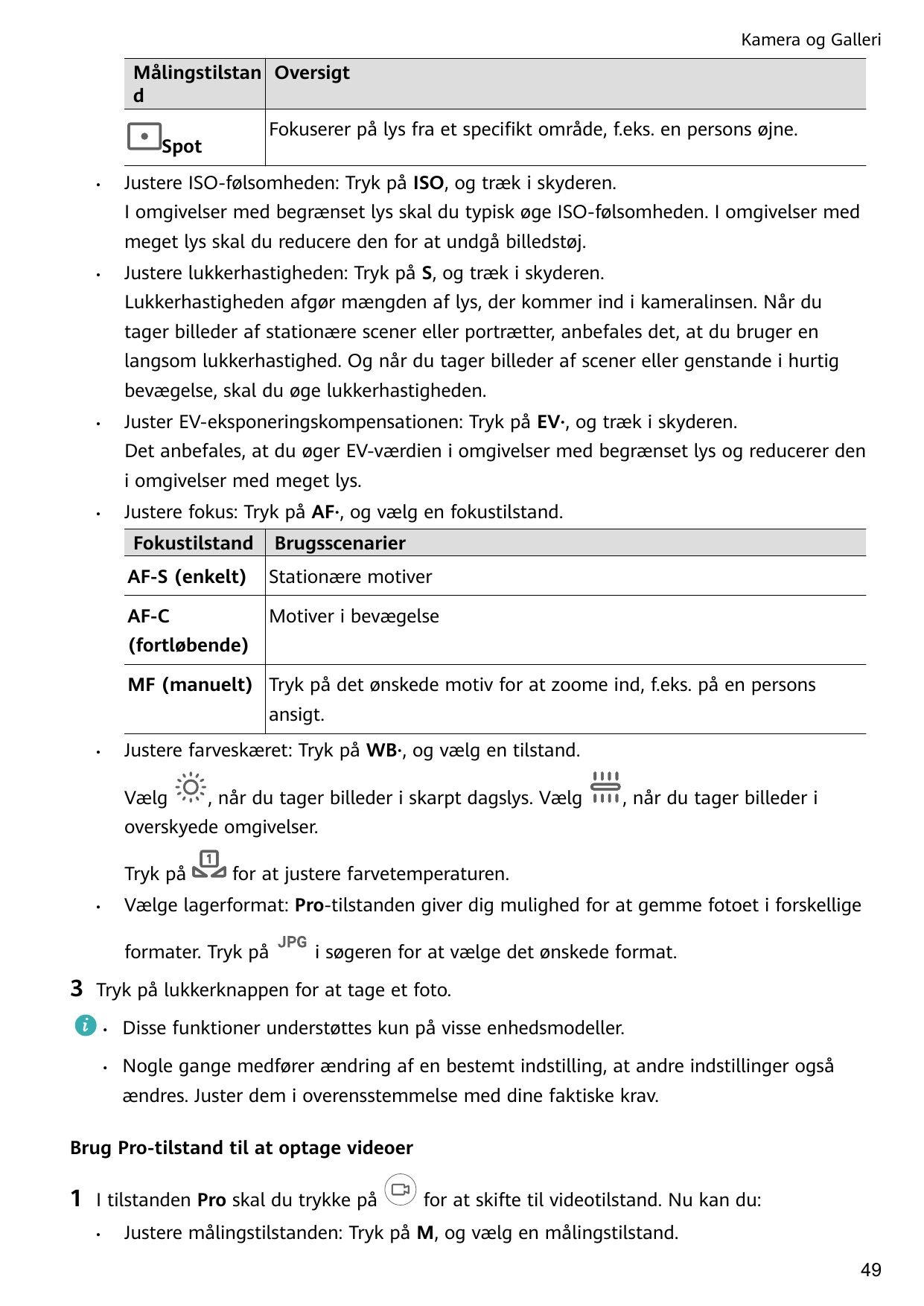 Kamera og GalleriMålingstilstan OversigtdFokuserer på lys fra et specifikt område, f.eks. en persons øjne.SpotJustere ISO-følsom