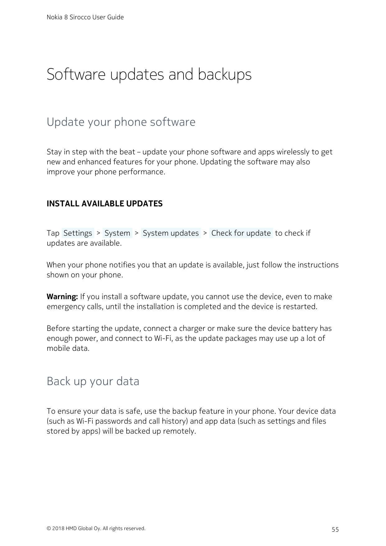 Nokia 8 Sirocco User GuideSoftware updates and backupsUpdate your phone softwareStay in step with the beat – update your phone s