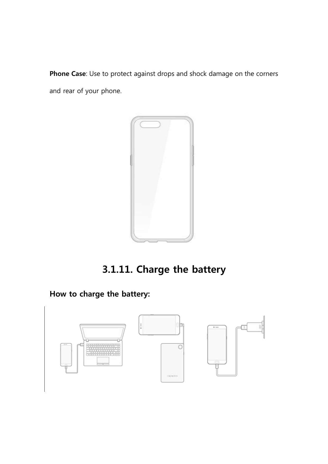 Phone Case: Use to protect against drops and shock damage on the cornersand rear of your phone.3.1.11. Charge the batteryHow to 