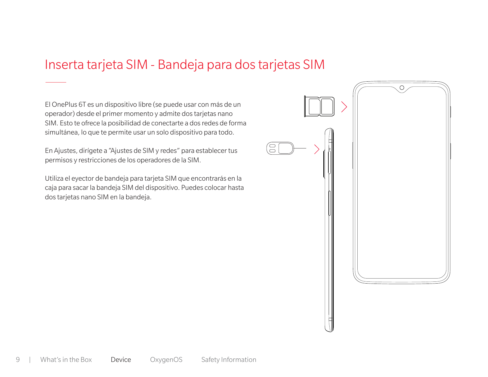 Inserta tarjeta SIM - Bandeja para dos tarjetas SIMEl OnePlus 6T es un dispositivo libre (se puede usar con más de unoperador) d