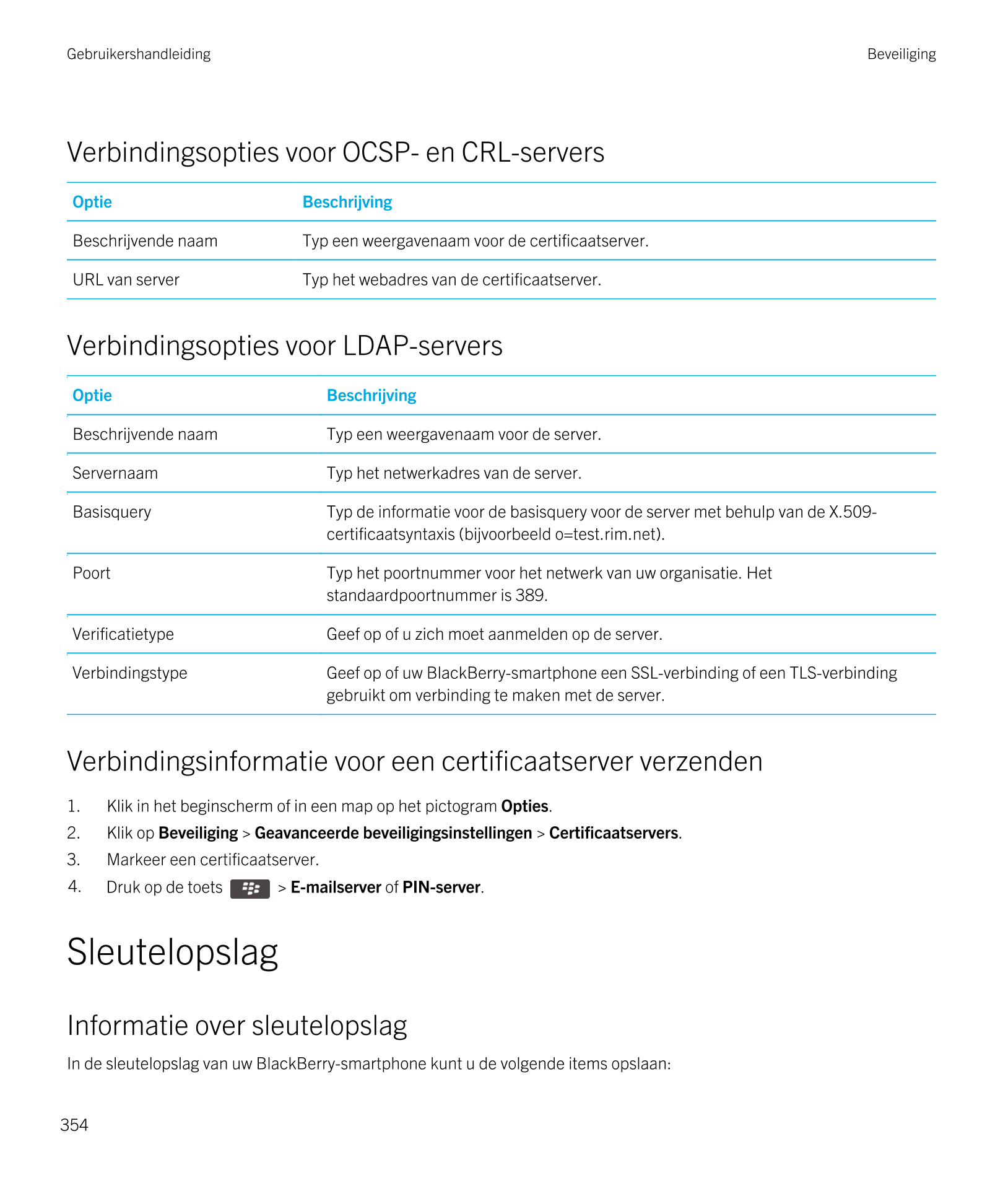 Gebruikershandleiding Beveiliging
Verbindingsopties voor OCSP- en CRL-servers
Optie Beschrijving
Beschrijvende naam Typ een weer
