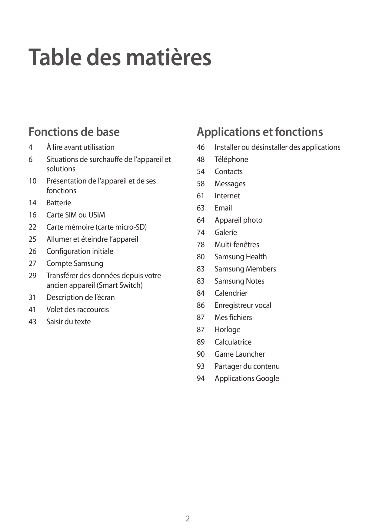 Table des matièresFonctions de baseApplications et fonctions4646 Installer ou désinstaller des applications48Téléphone54Contacts