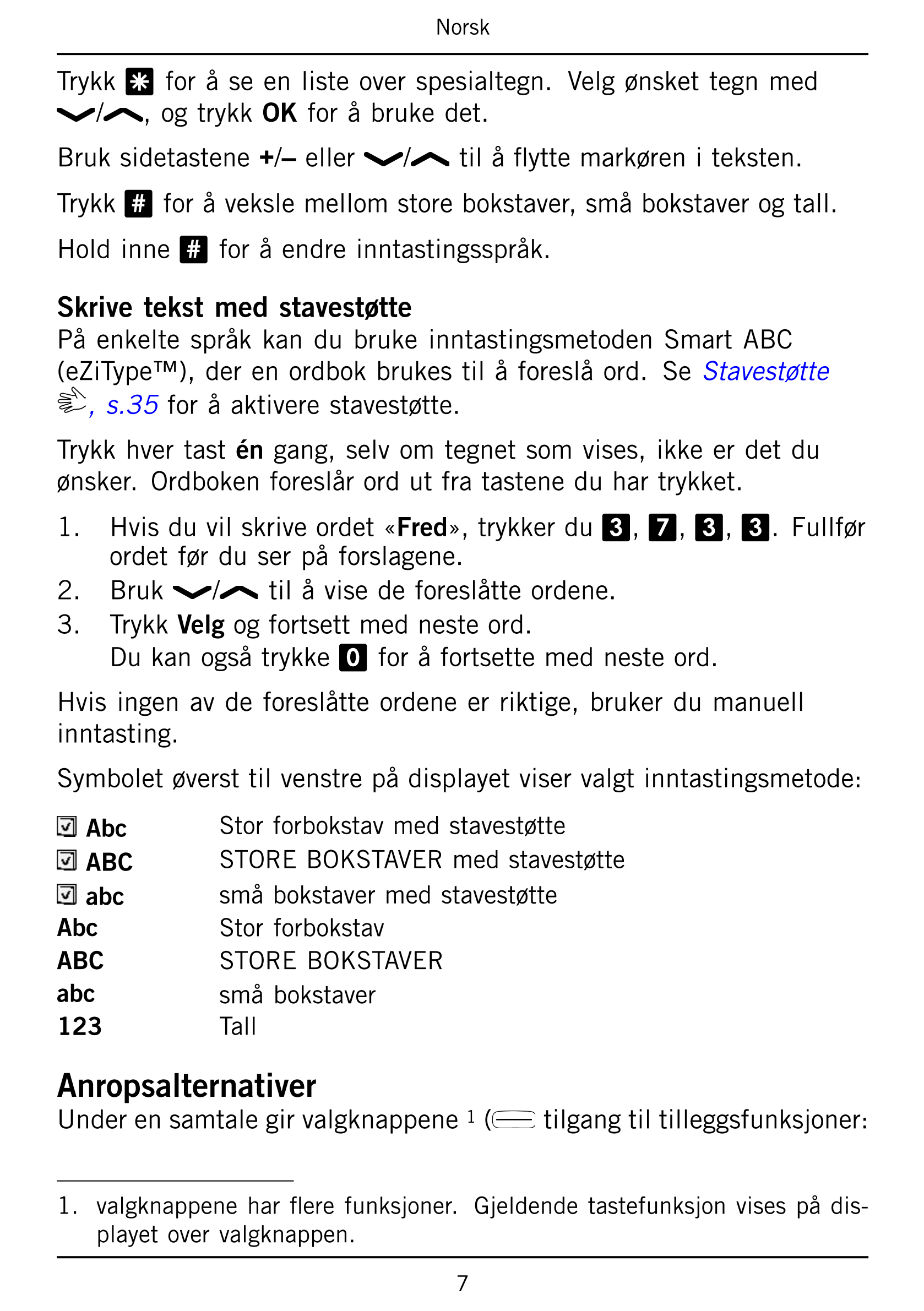 Norsk
Trykk * for å se en liste over spesialtegn.  Velg ønsket tegn med
/ , og trykk OK for å bruke det.
Bruk sidetastene +/– el