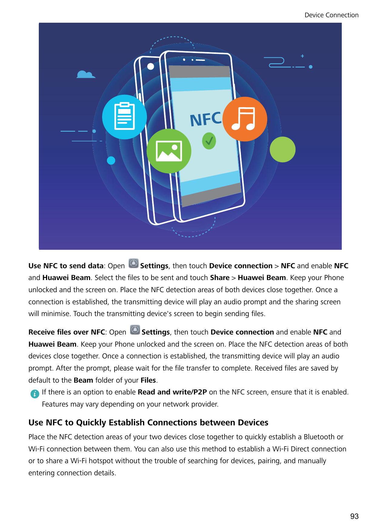 Device ConnectionNFCUse NFC to send data: OpenSettings, then touch Device connection > NFC and enable NFCand Huawei Beam. Select