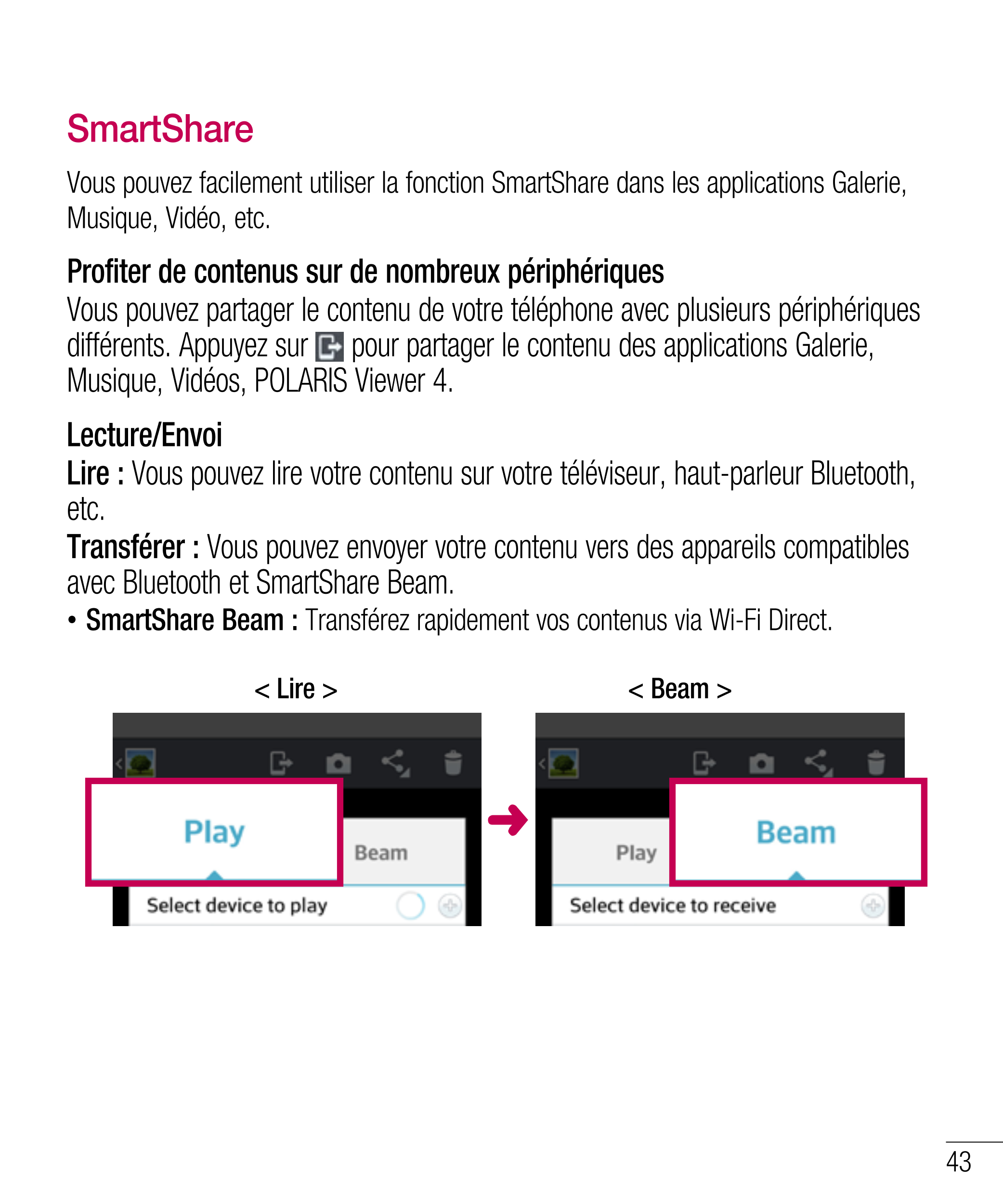 SmartShare
Vous pouvez facilement utiliser la fonction SmartShare dans les applications Galerie, 
Musique, Vidéo, etc.
Profiter 