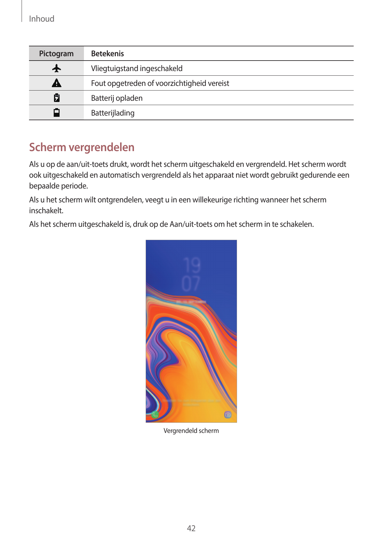 InhoudPictogramBetekenisVliegtuigstand ingeschakeldFout opgetreden of voorzichtigheid vereistBatterij opladenBatterijladingScher