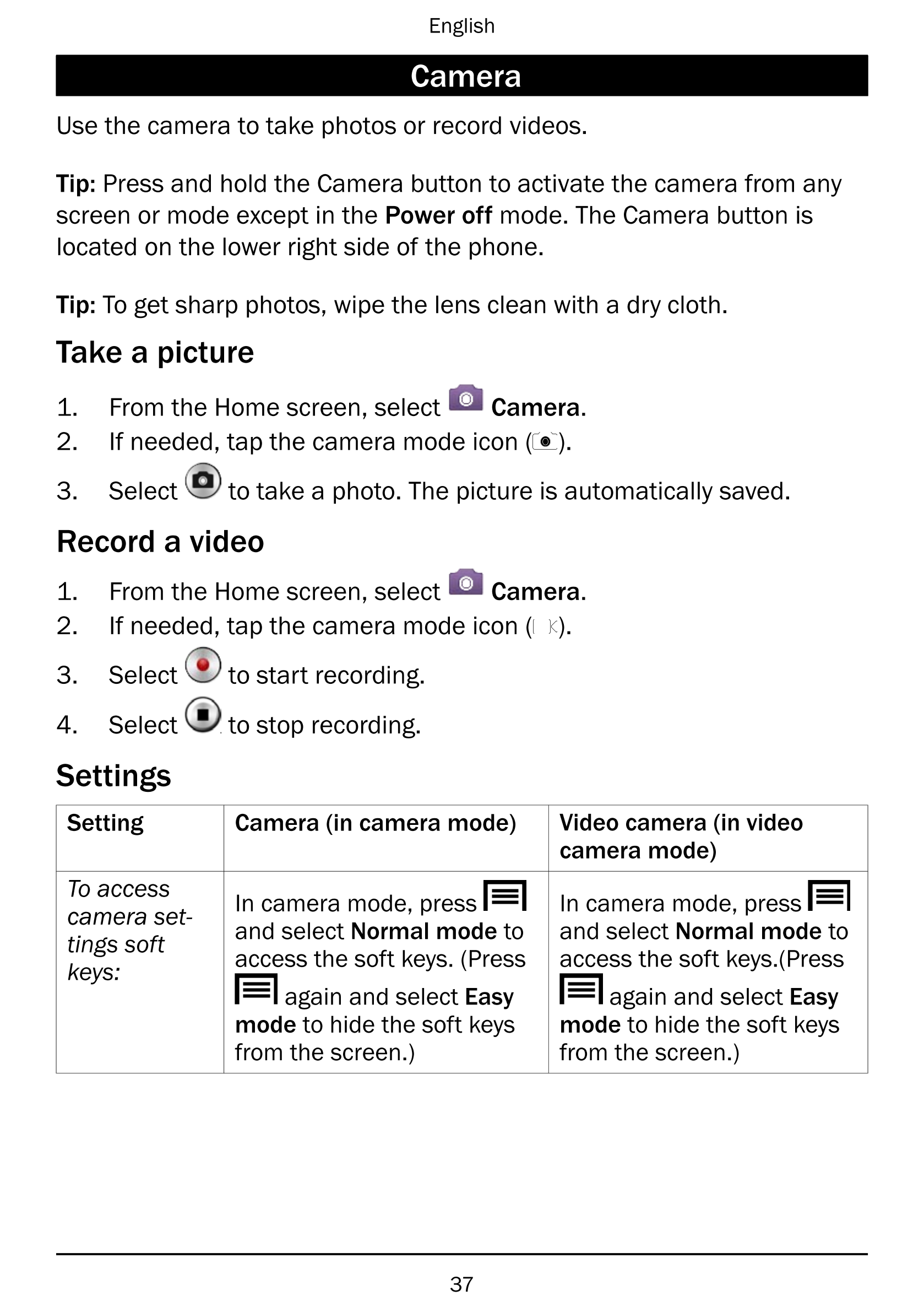 English
Camera
Use the camera to take photos or record videos.
Tip: Press and hold the Camera button to activate the camera from
