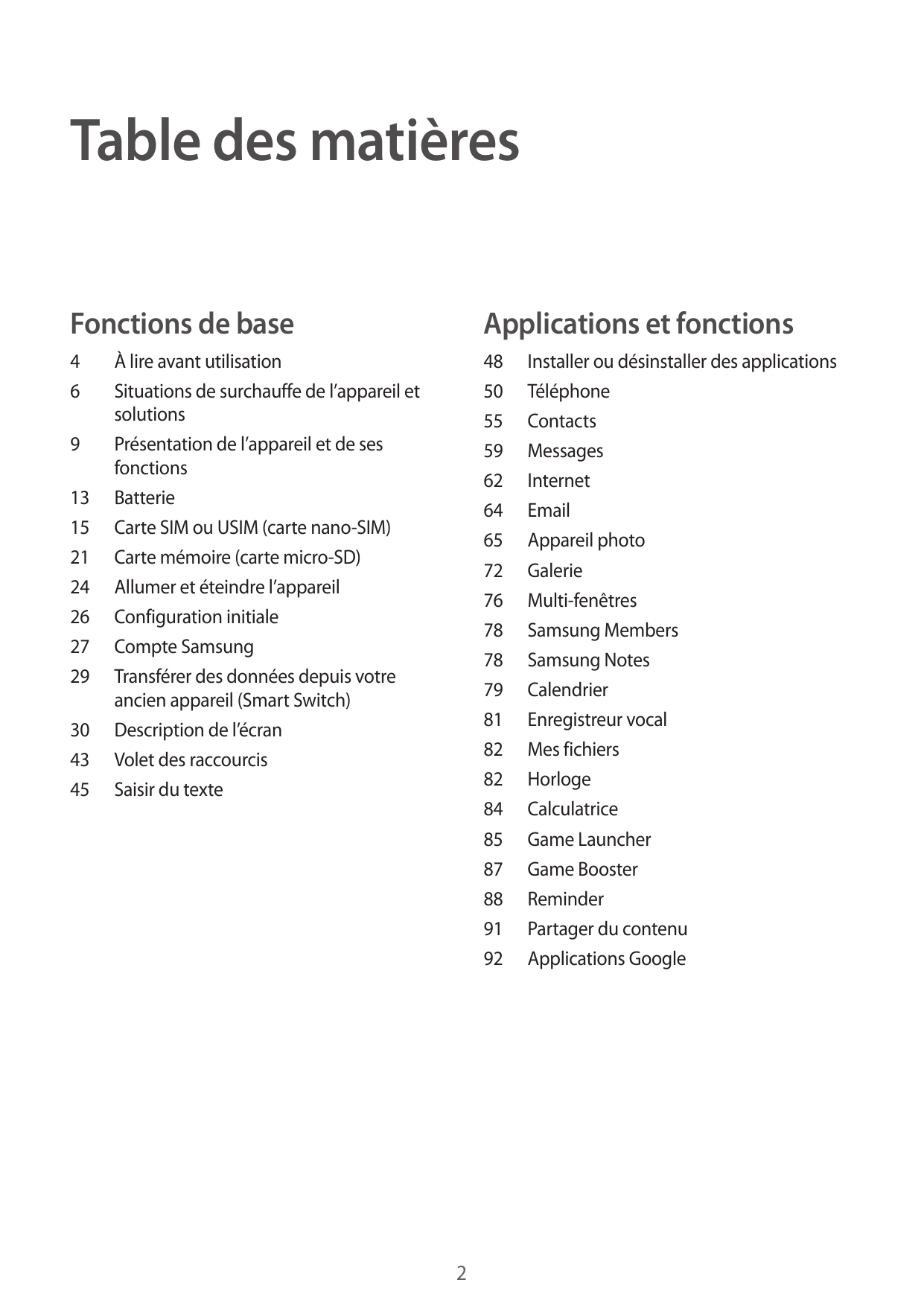 Table des matièresFonctions de baseApplications et fonctions4648 Installer ou désinstaller des applications50Téléphone55Contacts