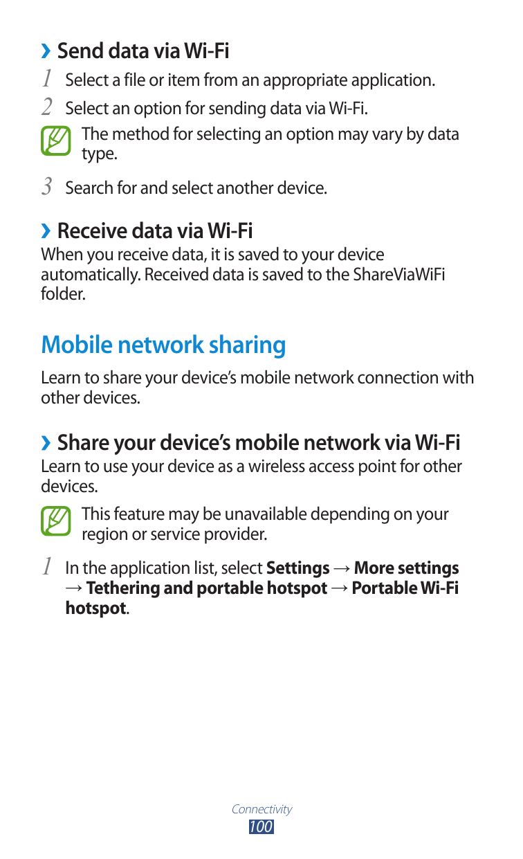 ››Send data via Wi-Fi1 Select a file or item from an appropriate application.2 Select an option for sending data via Wi-Fi.The m