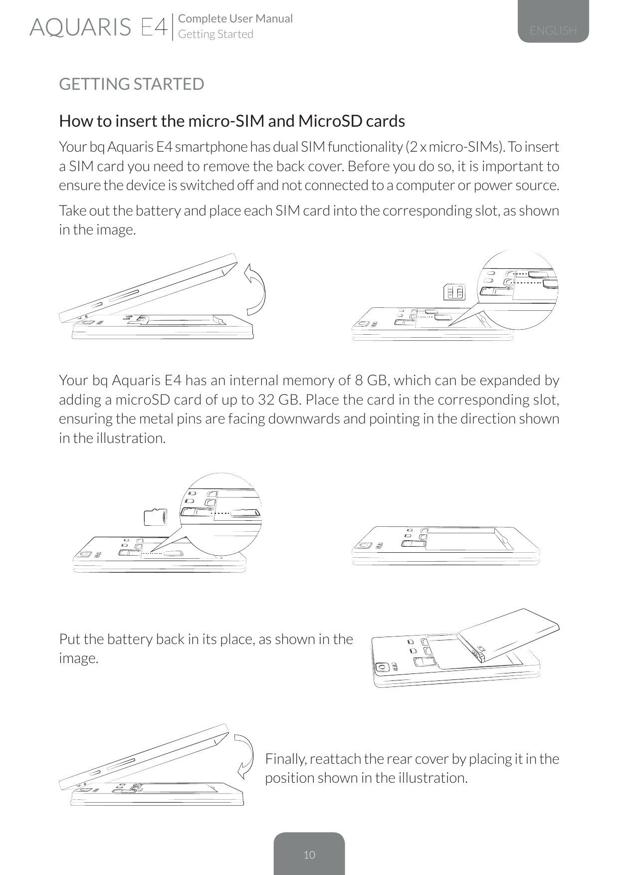 Complete User ManualGetting StartedENGLISHGETTING STARTEDHow to insert the micro-SIM and MicroSD cardsYour bq Aquaris E4 smartph