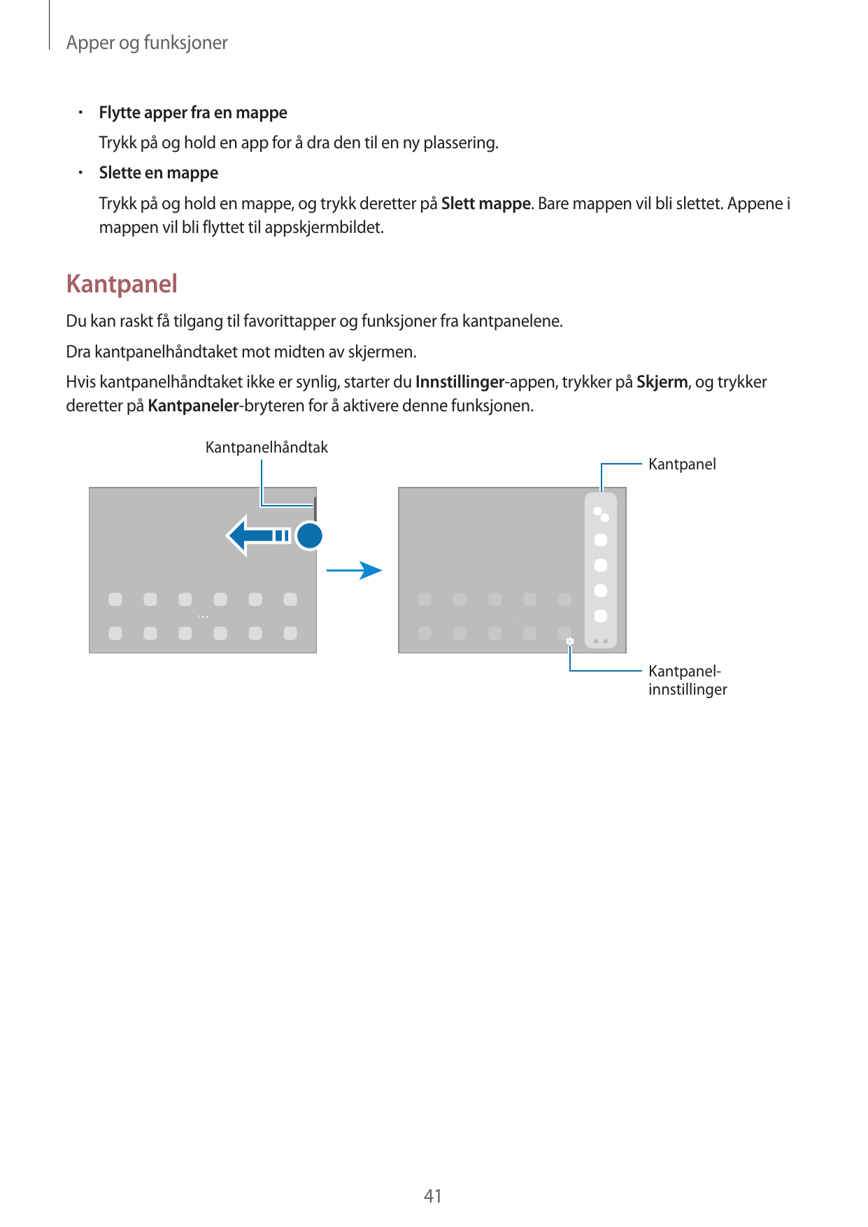 Apper og funksjoner•  Flytte apper fra en mappeTrykk på og hold en app for å dra den til en ny plassering.•  Slette en mappeTryk