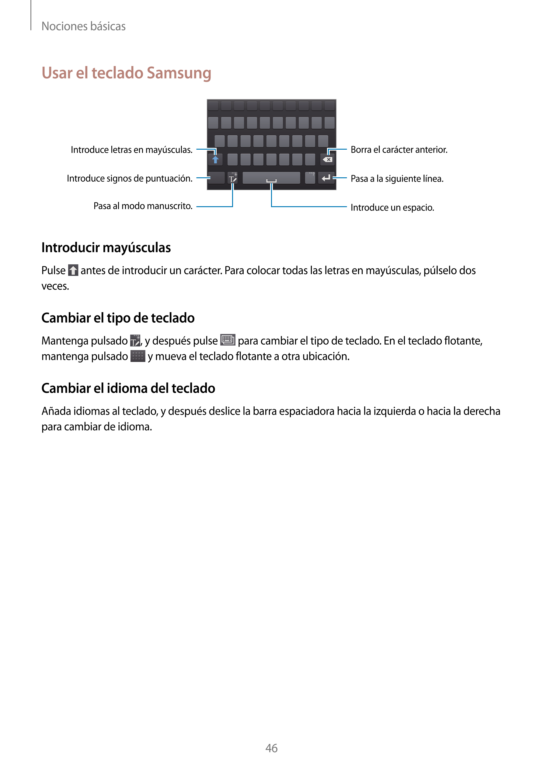 Nociones básicas
Usar el teclado Samsung
Introduce letras en mayúsculas. Borra el carácter anterior.
Introduce signos de puntuac