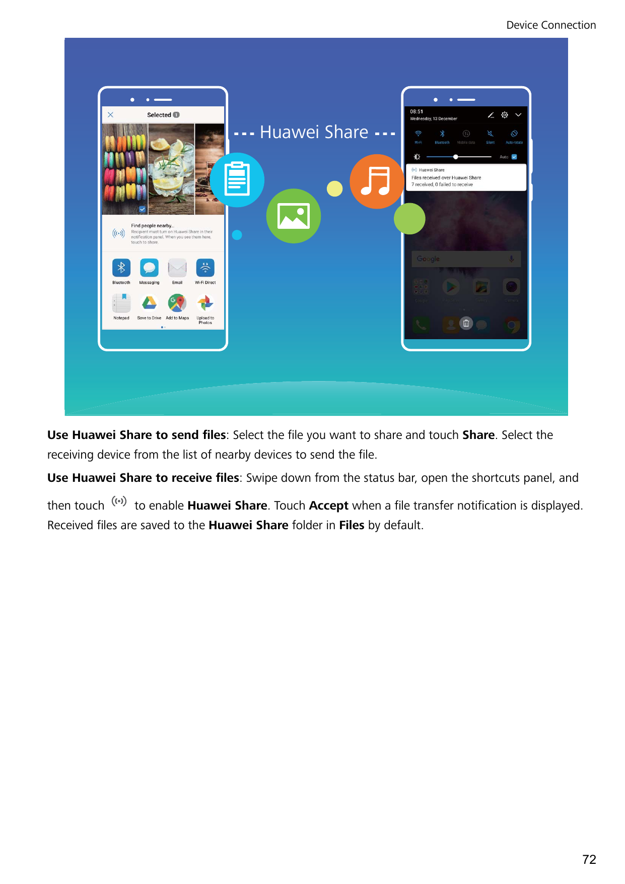 Device ConnectionHuawei ShareUse Huawei Share to send files: Select the file you want to share and touch Share. Select thereceiv