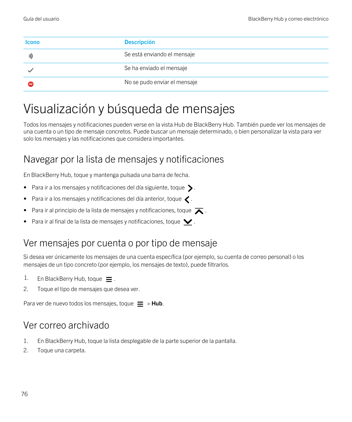 Guía del usuarioBlackBerry Hub y correo electrónicoIconoDescripciónSe está enviando el mensajeSe ha enviado el mensajeNo se pudo