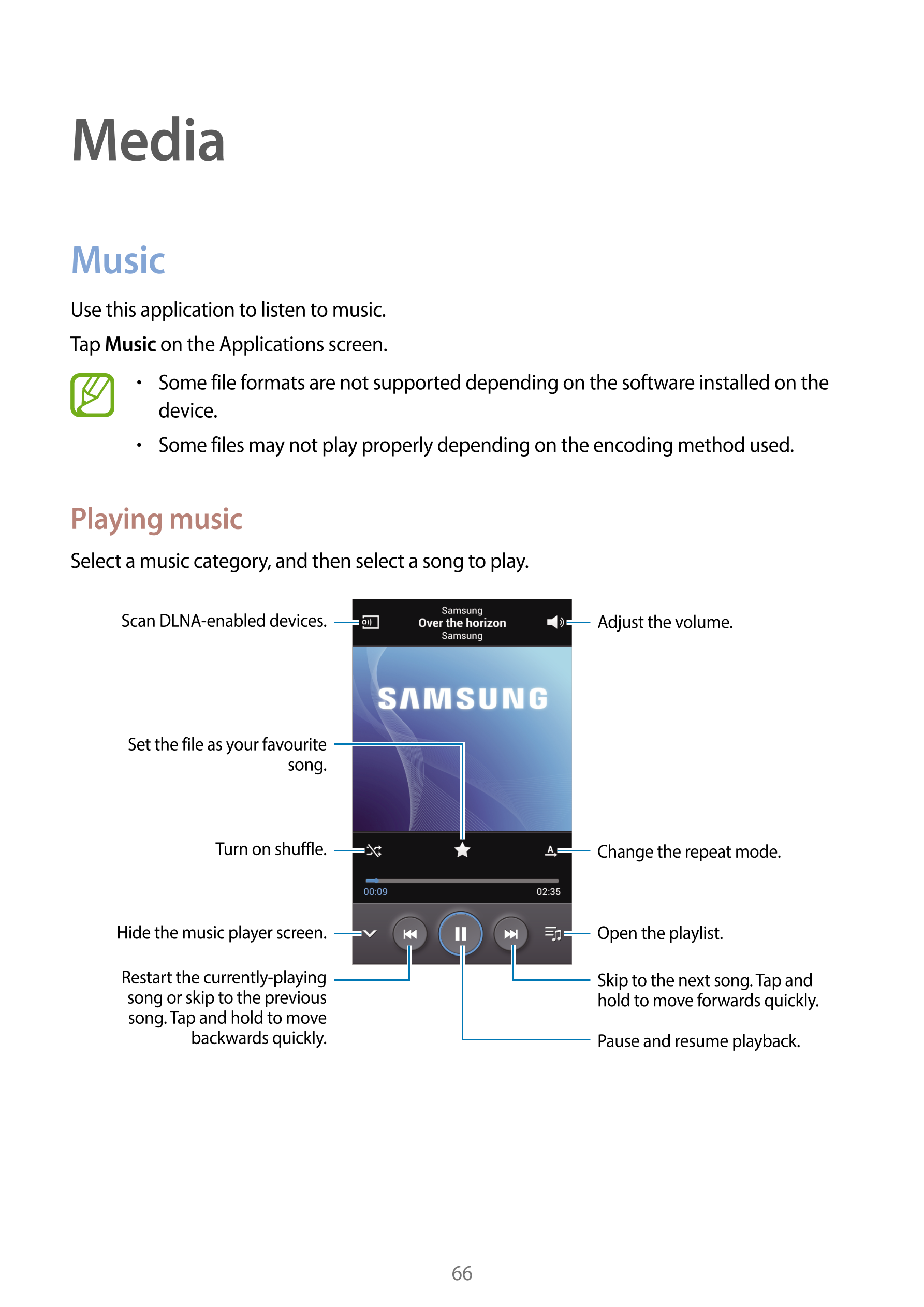 Media
Music
Use this application to listen to music.
Tap  Music on the Applications screen.
•    Some file formats are not suppo