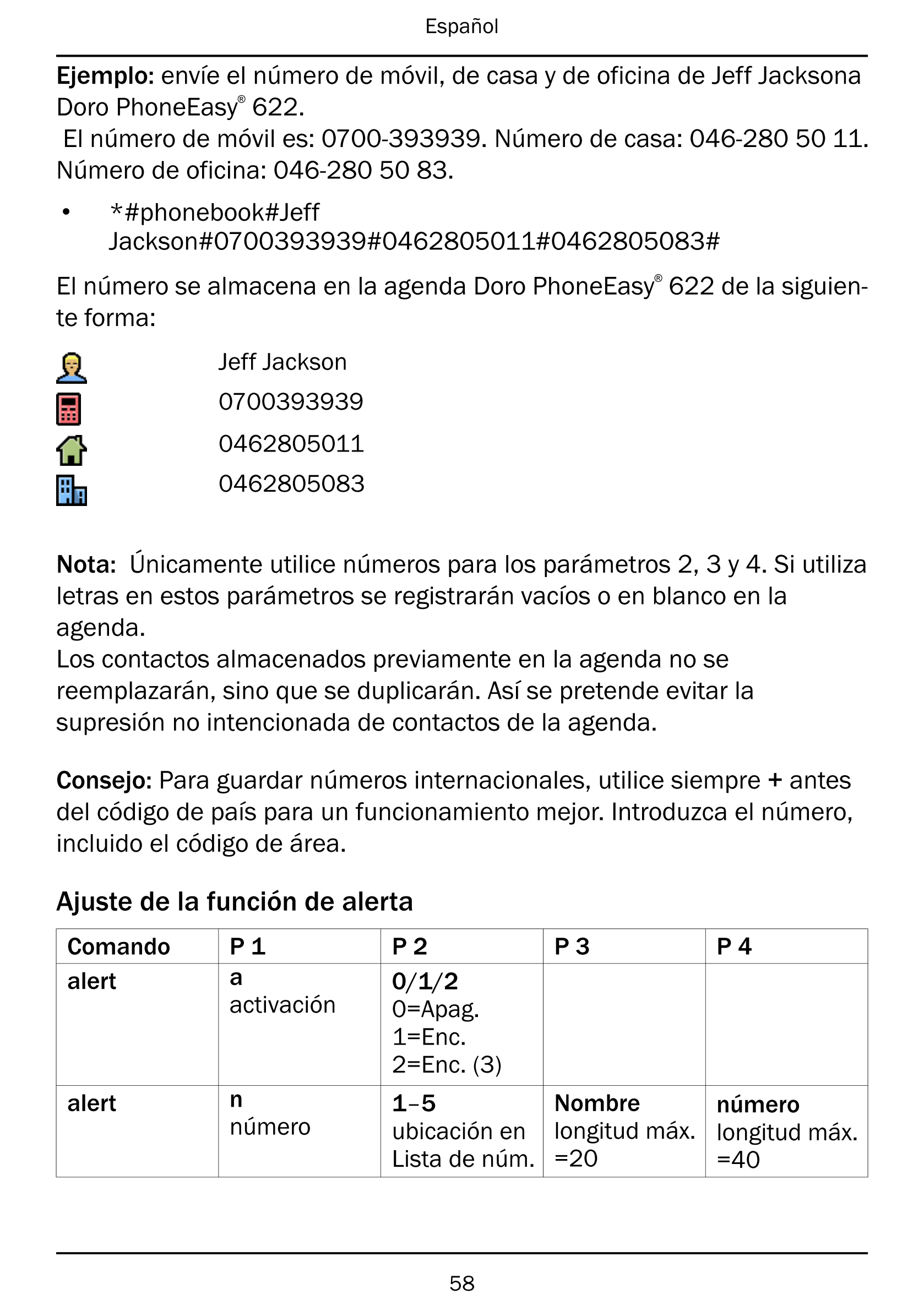 Español
Ejemplo: envíe el número de móvil, de casa y de oficina de Jeff Jacksona
Doro PhoneEasy® 622.
El número de móvil es: 070