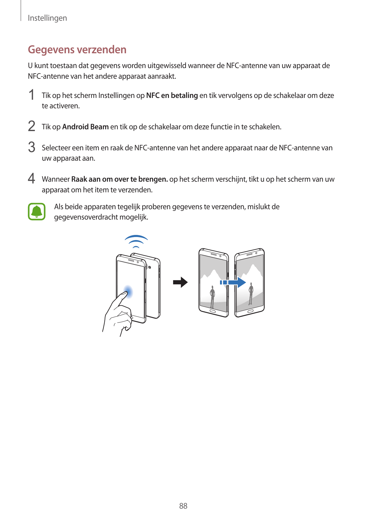 InstellingenGegevens verzendenU kunt toestaan dat gegevens worden uitgewisseld wanneer de NFC-antenne van uw apparaat deNFC-ante