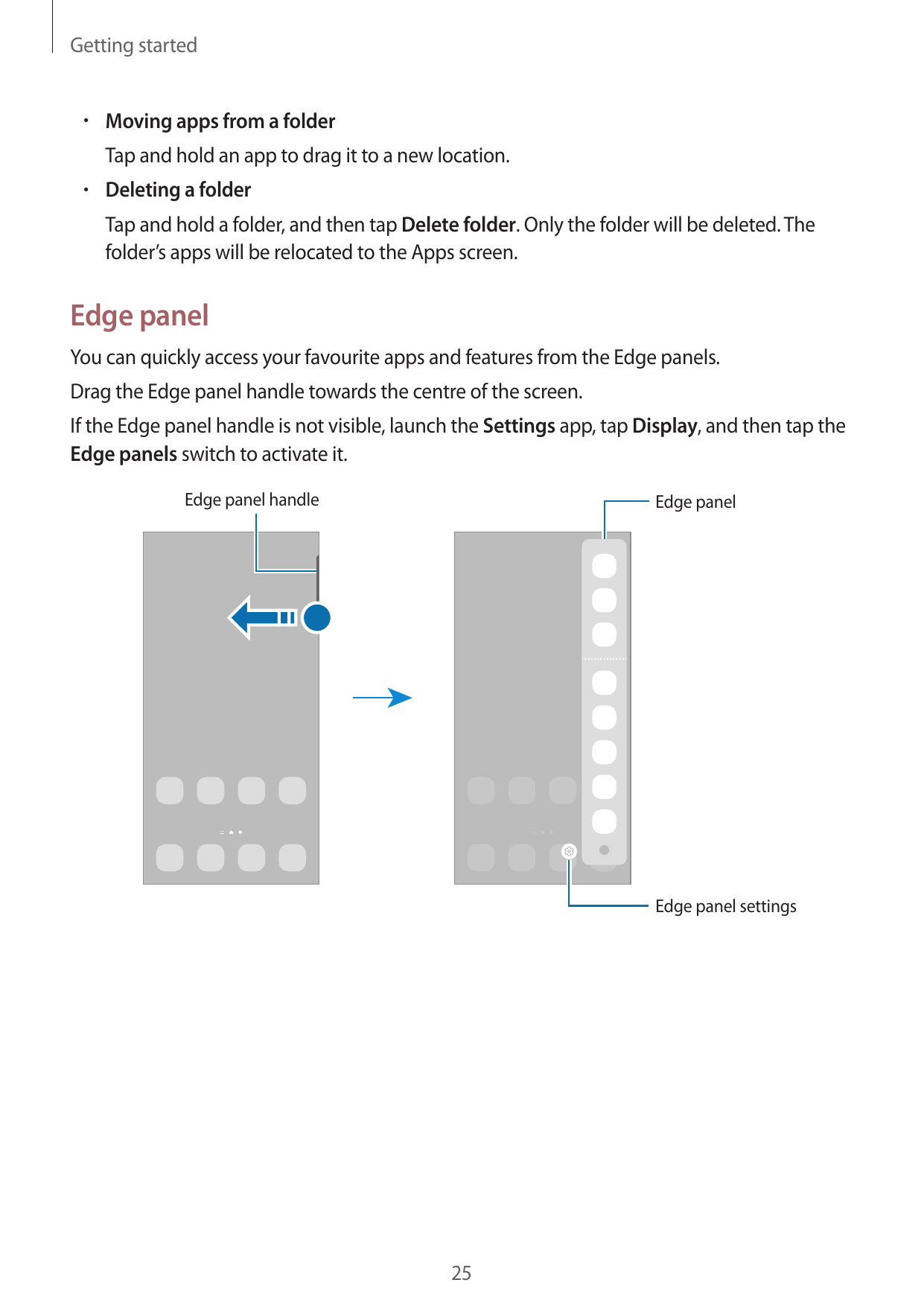 Getting started• Moving apps from a folderTap and hold an app to drag it to a new location.• Deleting a folderTap and hold a fol