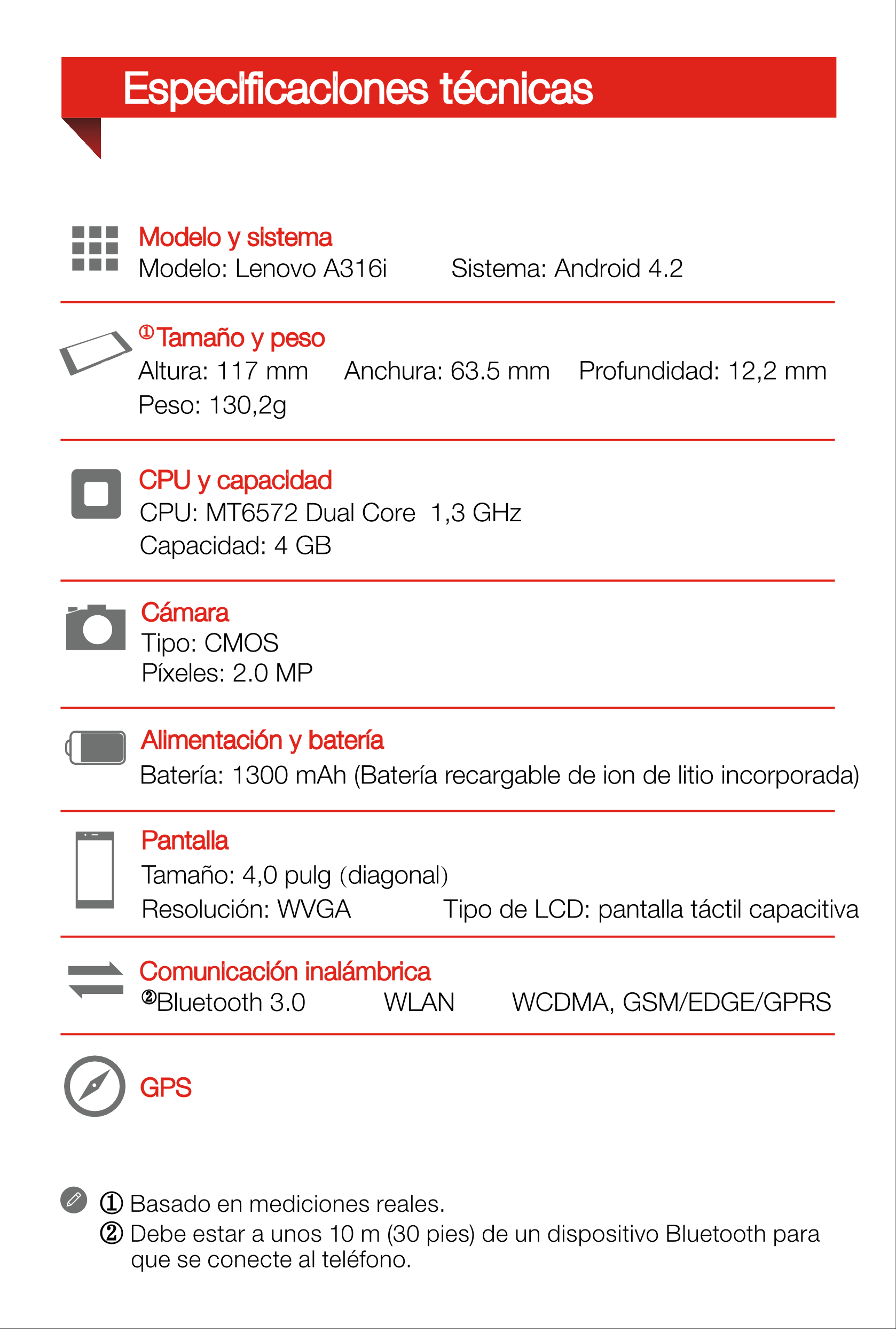 Especiﬁcaciones técnicas
Modelo y sistema
Modelo: Lenovo A316i         Sistema: Android 4.2
 Tamaño y peso
Altura: 117 mm     A
