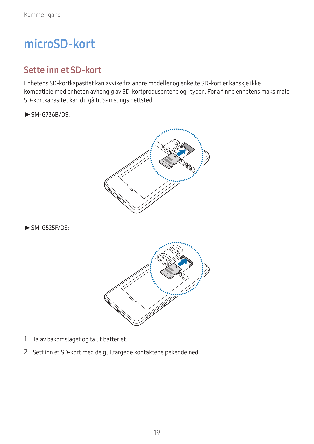 Komme i gangmicroSD-kortSette inn et SD-kortEnhetens SD-kortkapasitet kan avvike fra andre modeller og enkelte SD-kort er kanskj