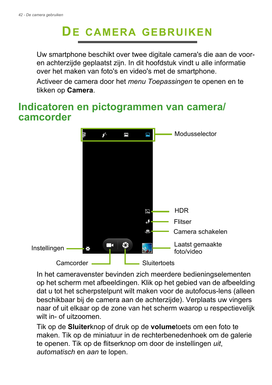 42 - De camera gebruikenDECAMERA GEBRUIKENUw smartphone beschikt over twee digitale camera's die aan de vooren achterzijde gepla
