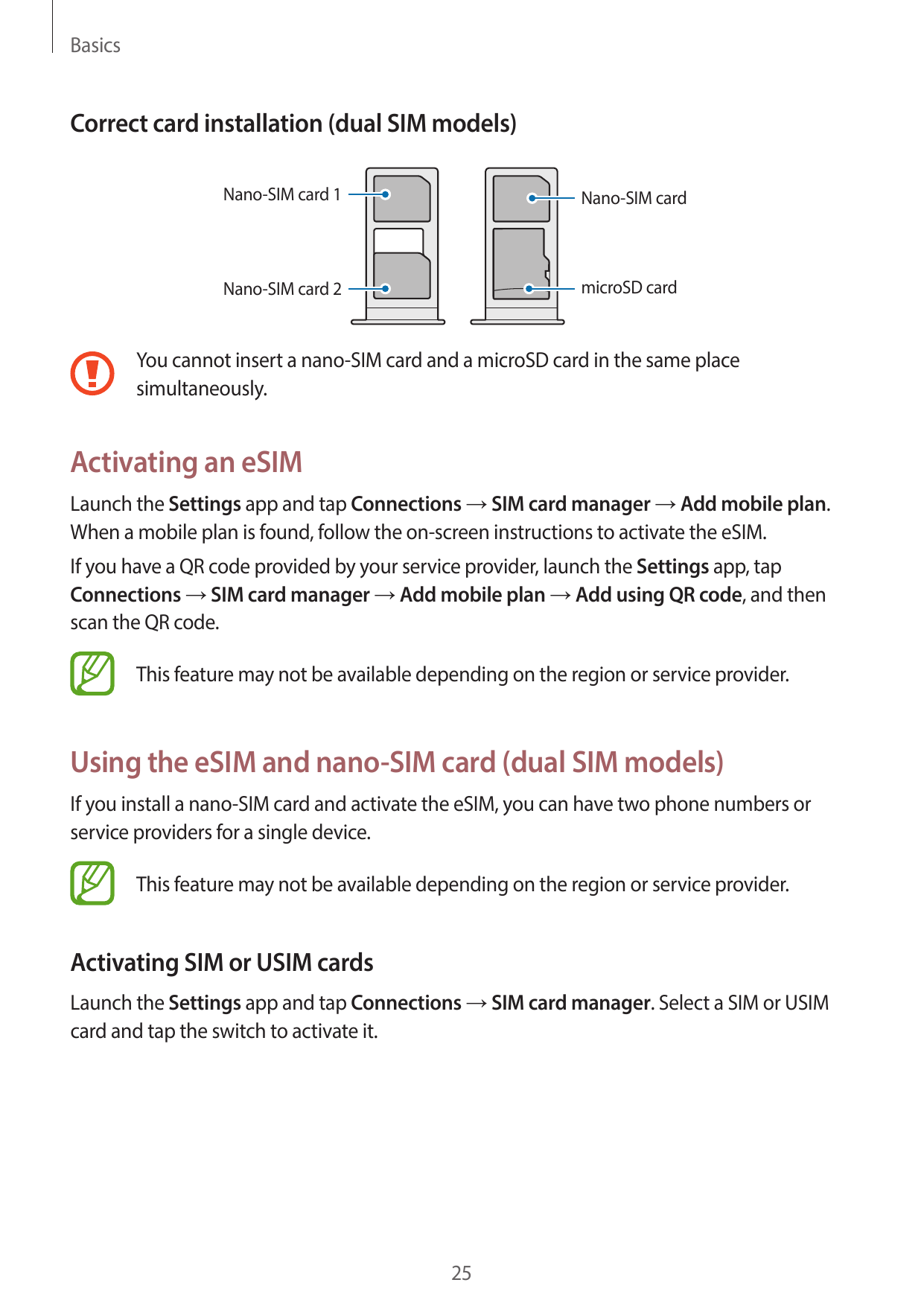 BasicsCorrect card installation (dual SIM models)Nano-SIM card 1Nano-SIM cardNano-SIM card 2microSD cardYou cannot insert a nano