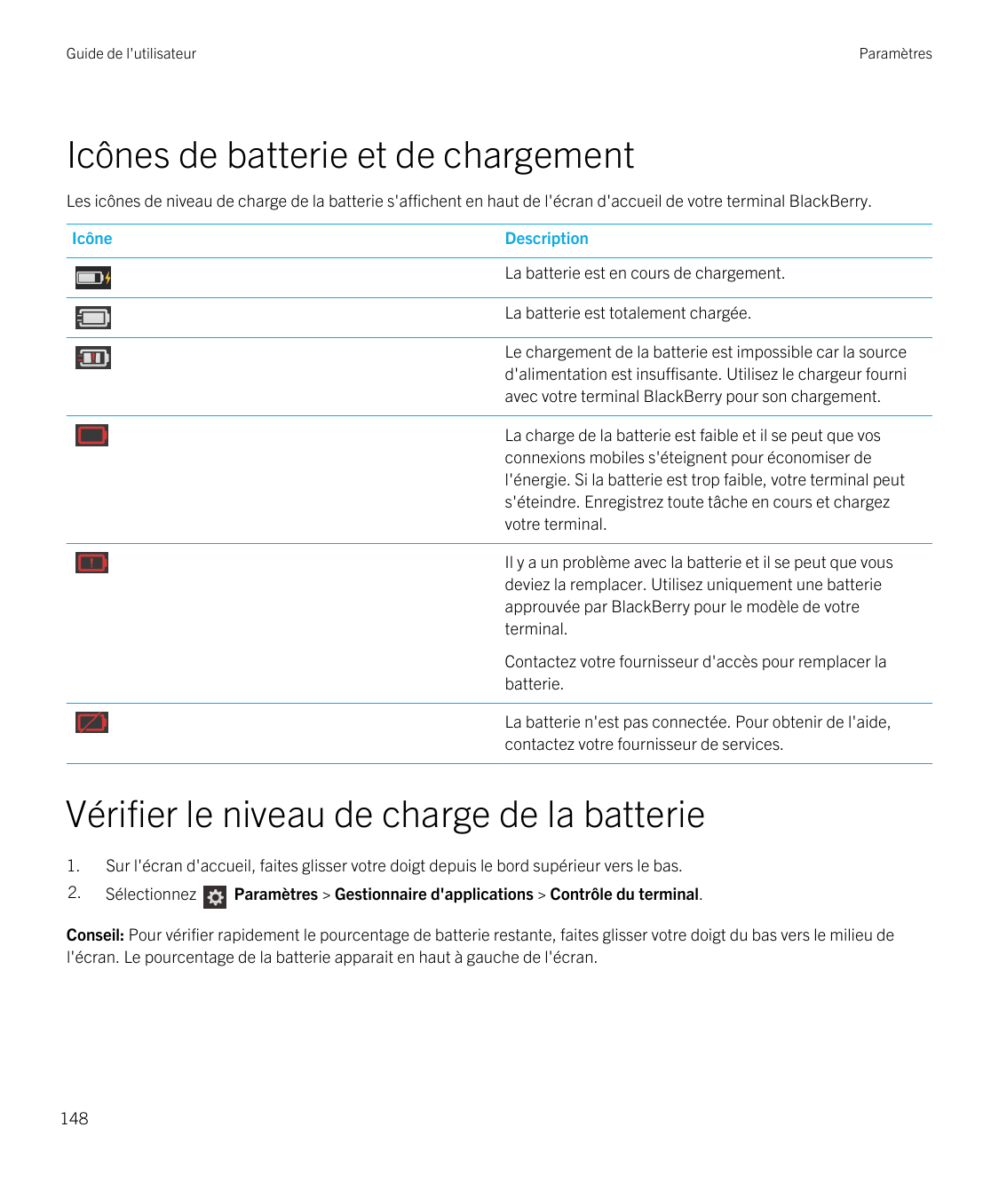 Guide de l'utilisateurParamètresIcônes de batterie et de chargementLes icônes de niveau de charge de la batterie s'affichent en 